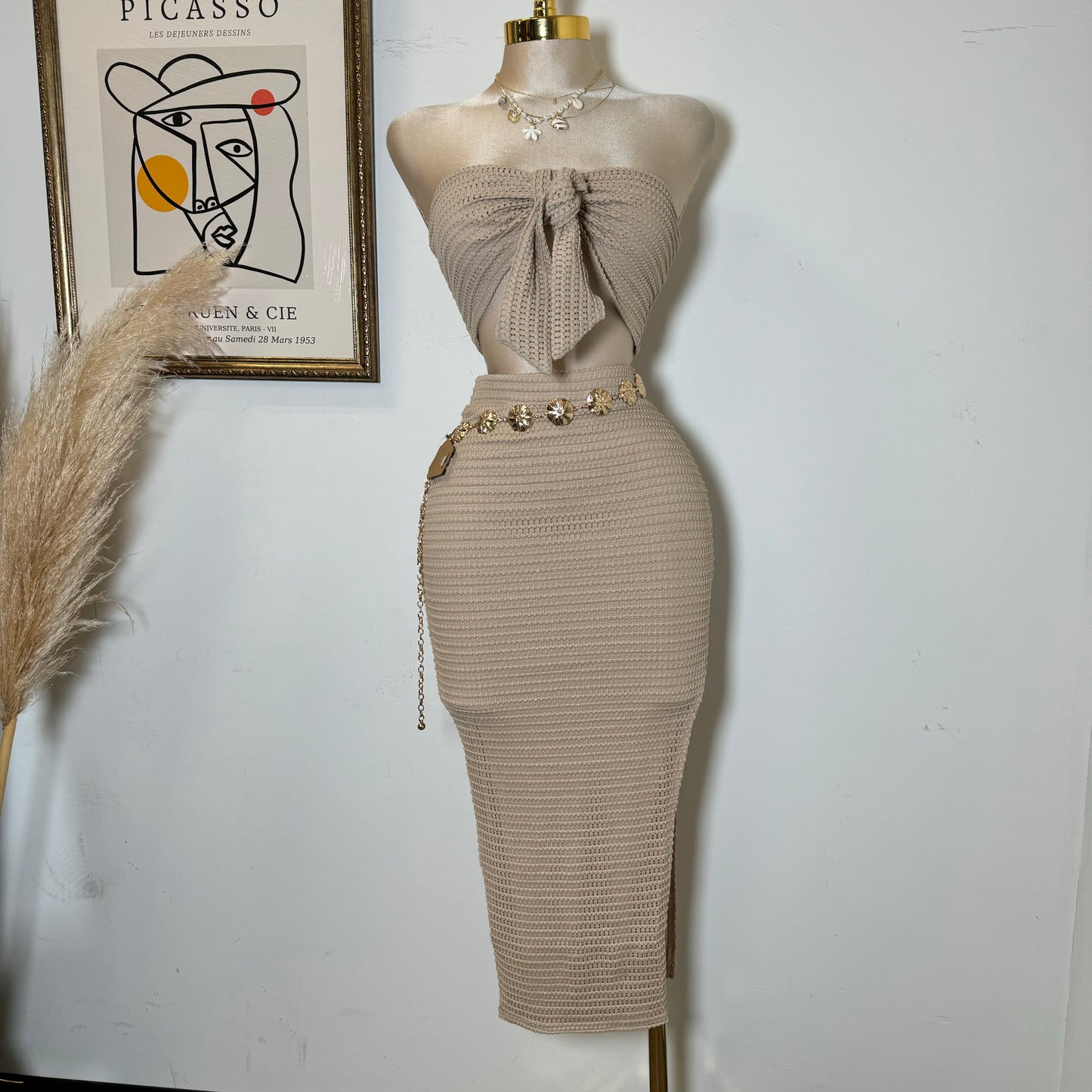 Fishnet Textured Knit Bow Tie Tube Top & Skirt Set-Beige
