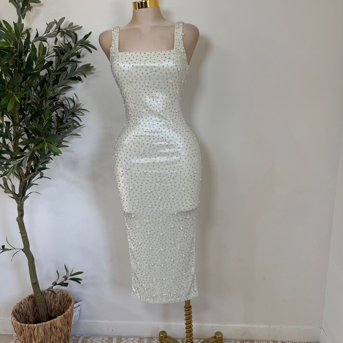 Rhinestone and Pearl beaded Midi Dress-White