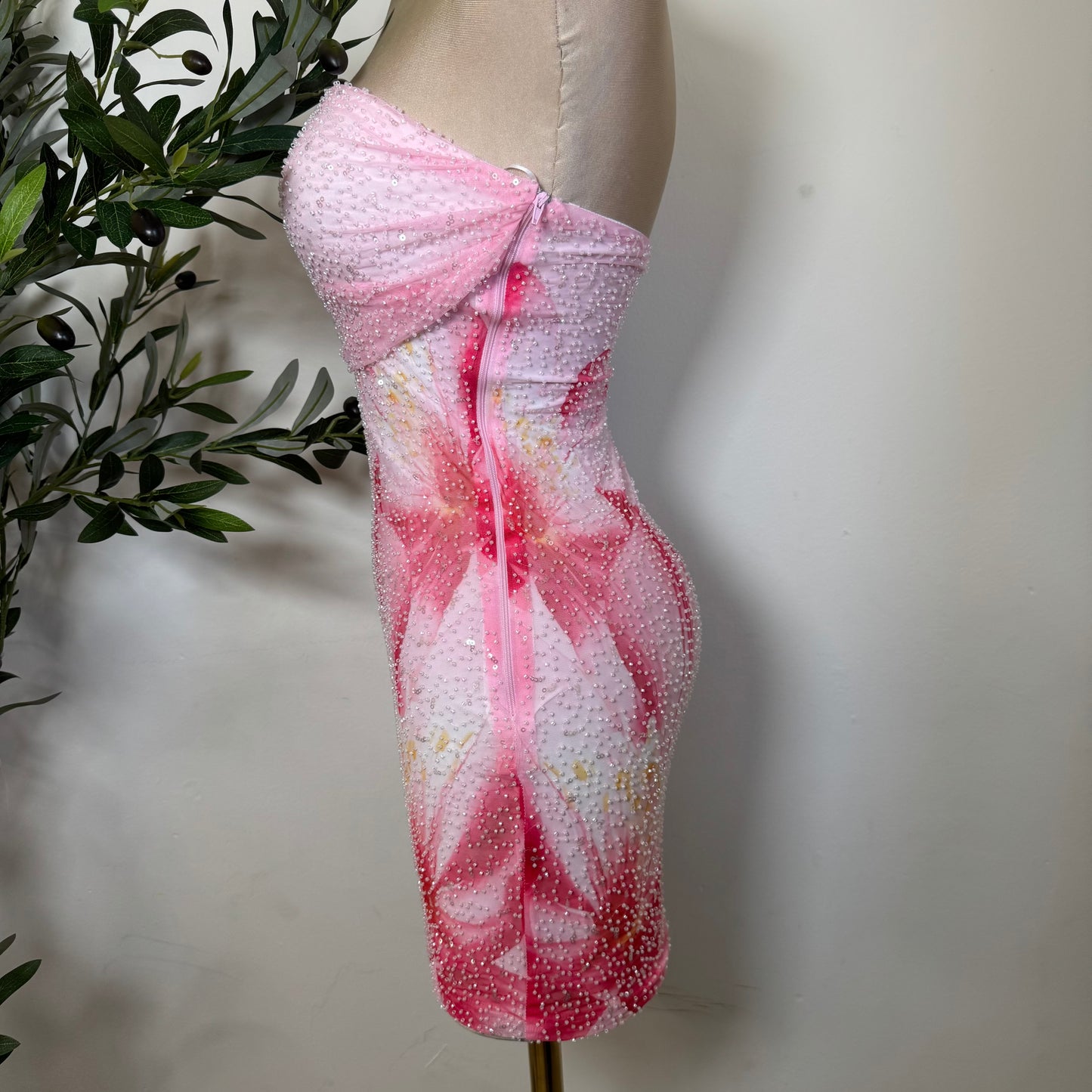 Tropicoqueta Mesh with Beads Floral Print Tube Dress