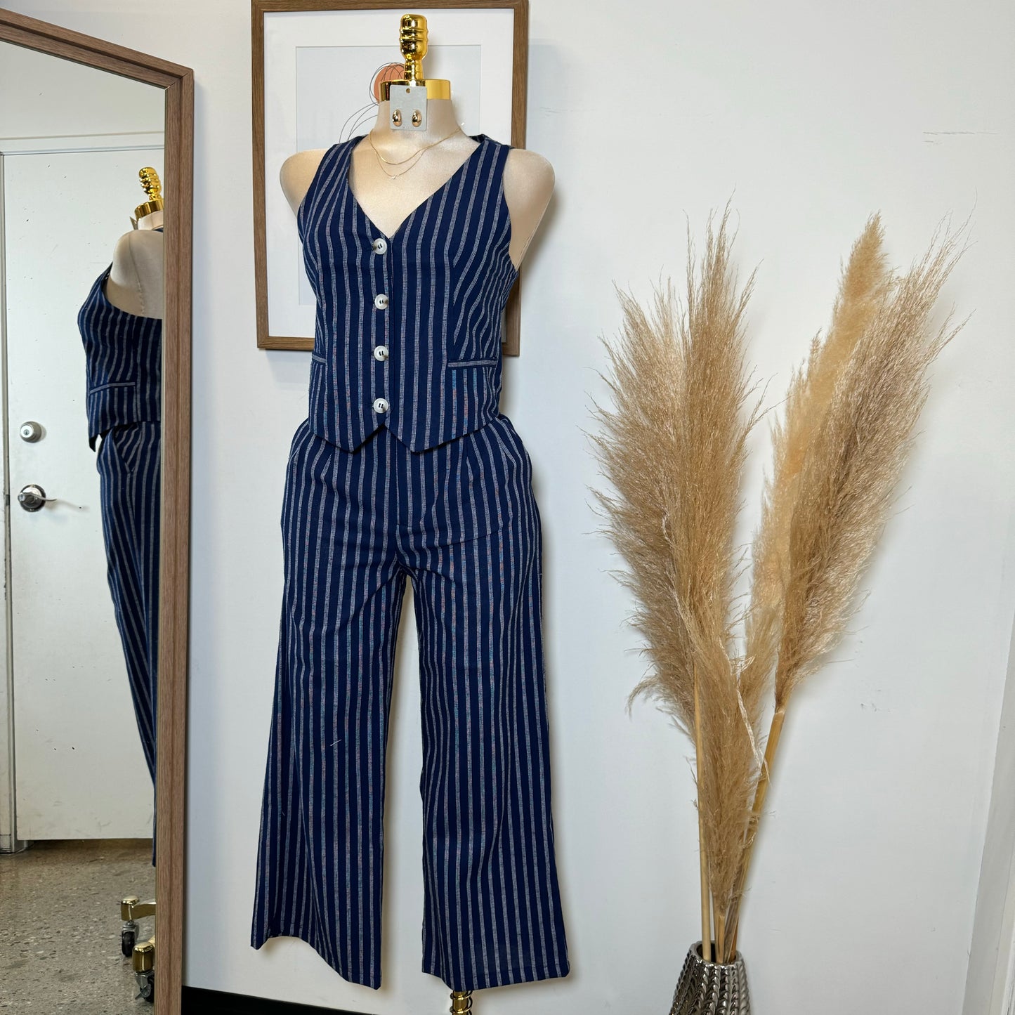 Beli Stripes Linen Pant Set-Navy