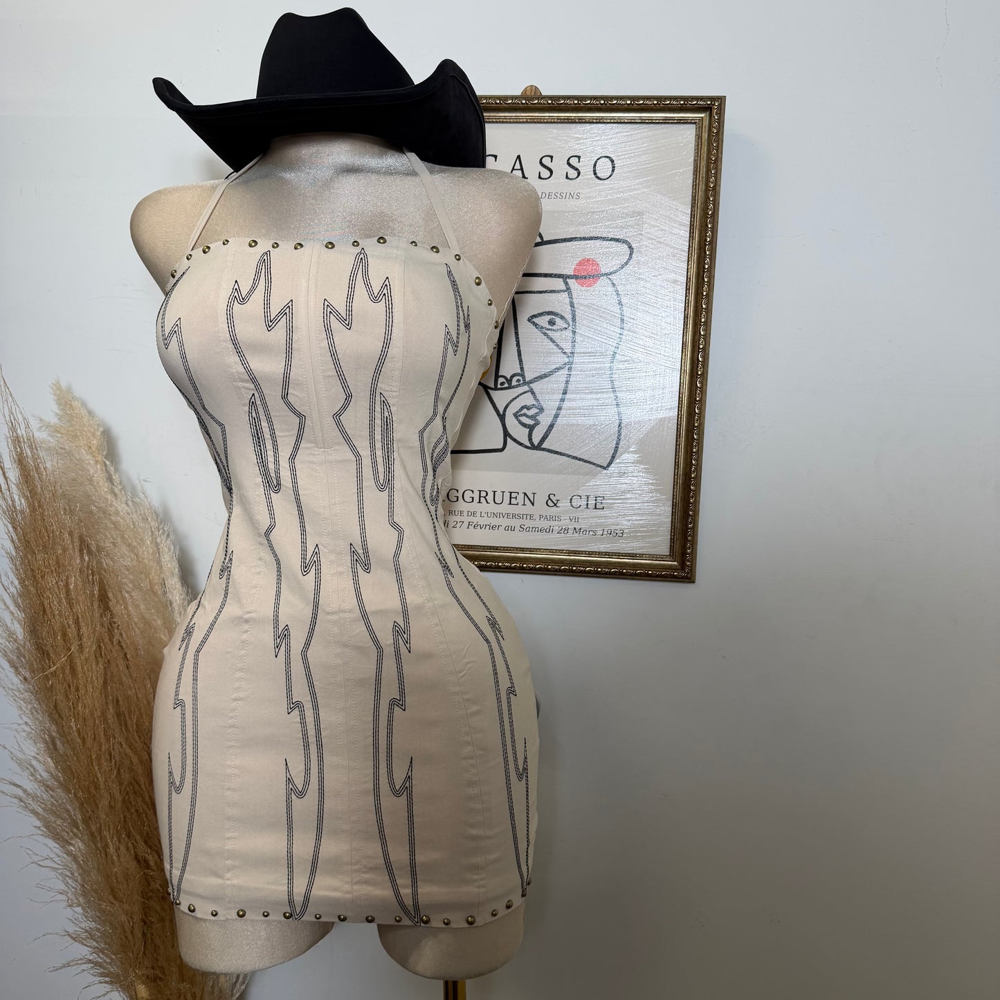 Stretch Embroidered Western Mini Halter Dress-Cream