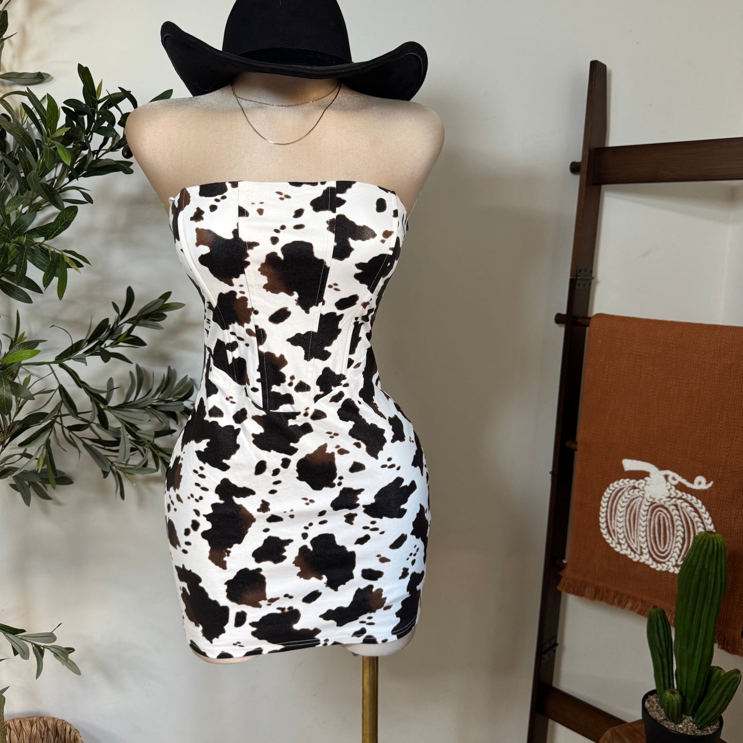 Strapless Cow Printed Mini Dress-White