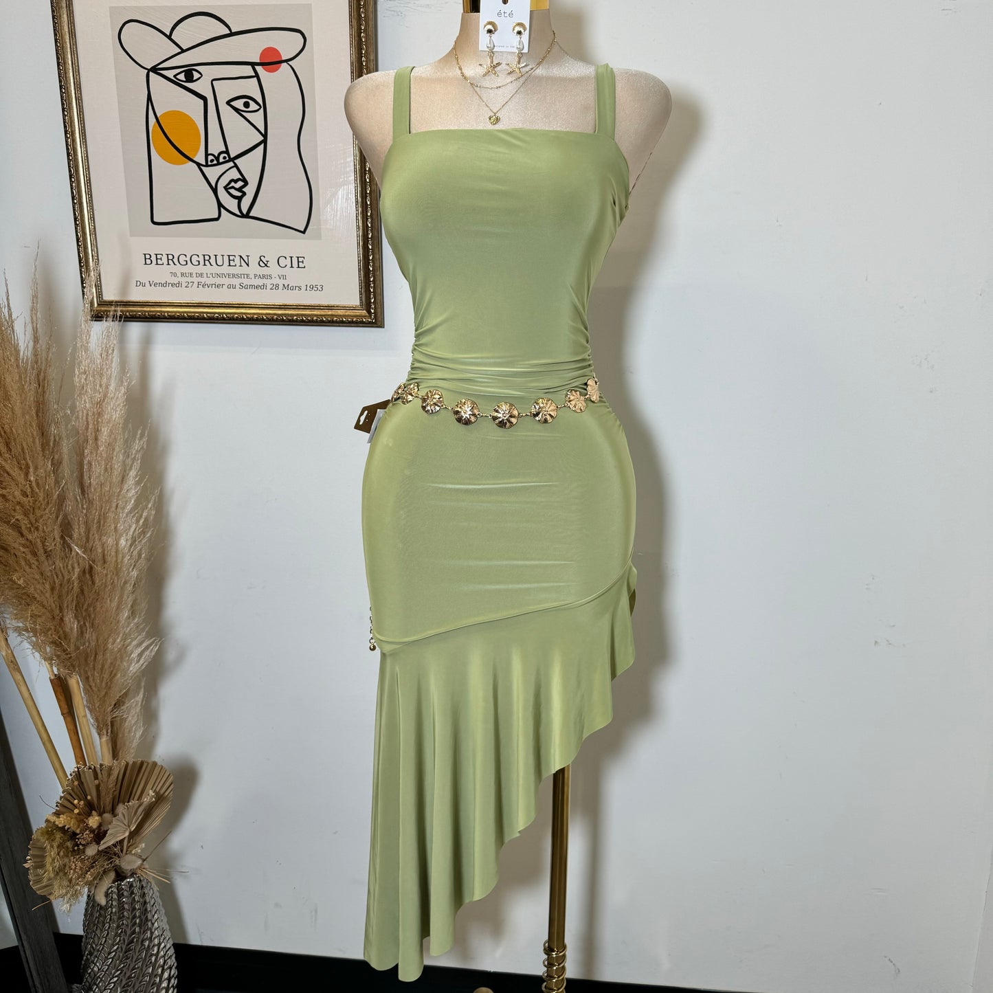 Silky Ruffle Open Slit Dress-Green
