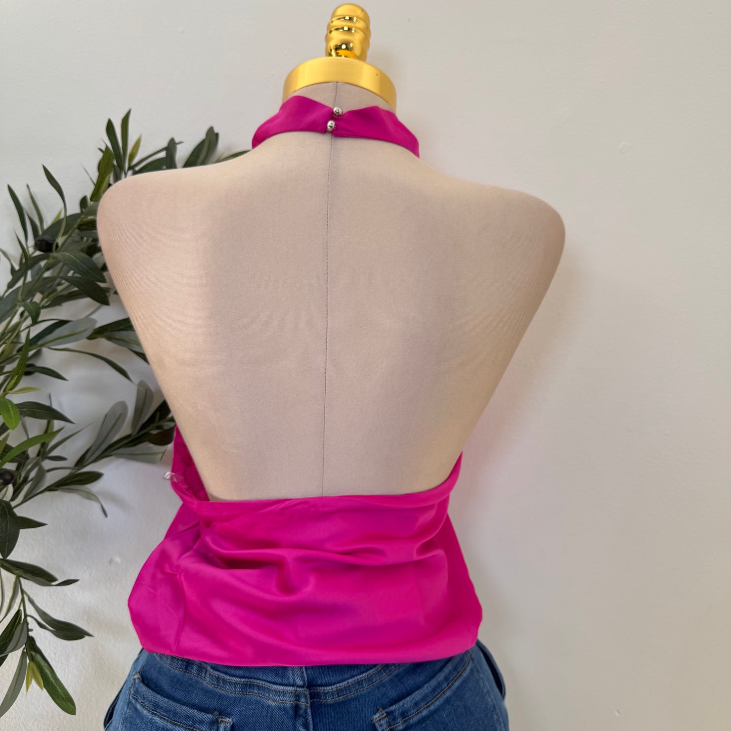 Satin Halter Open Back Top-Hot Pink