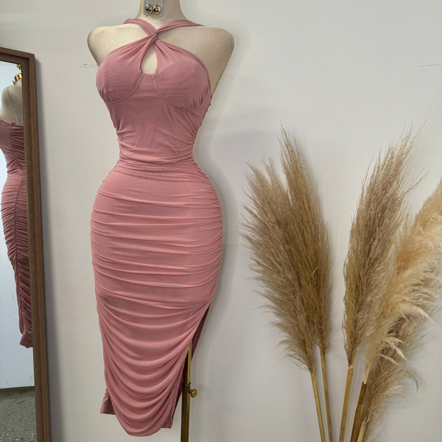 Inara Mesh Twist Halter Neck Midi Dress-Mauve