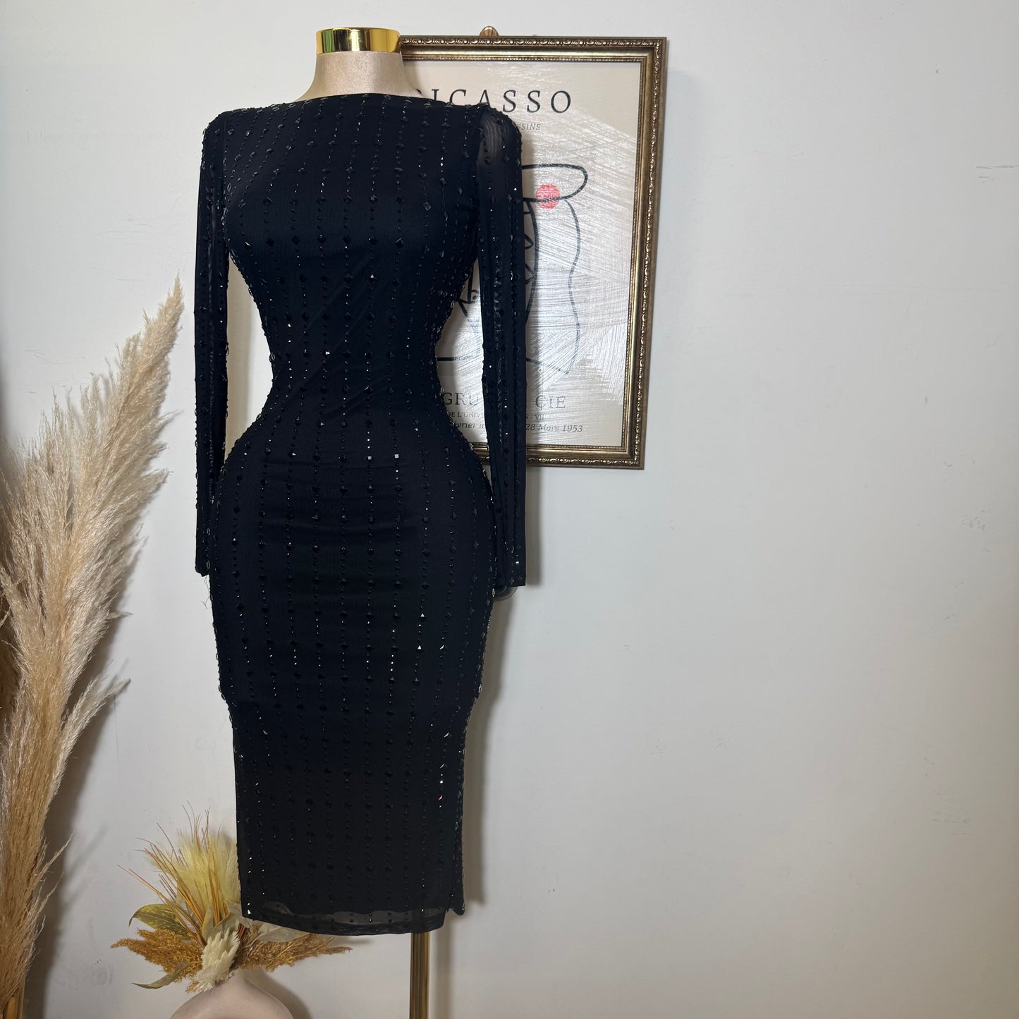 Square Rhinestone On Mesh Midi Dress-Black