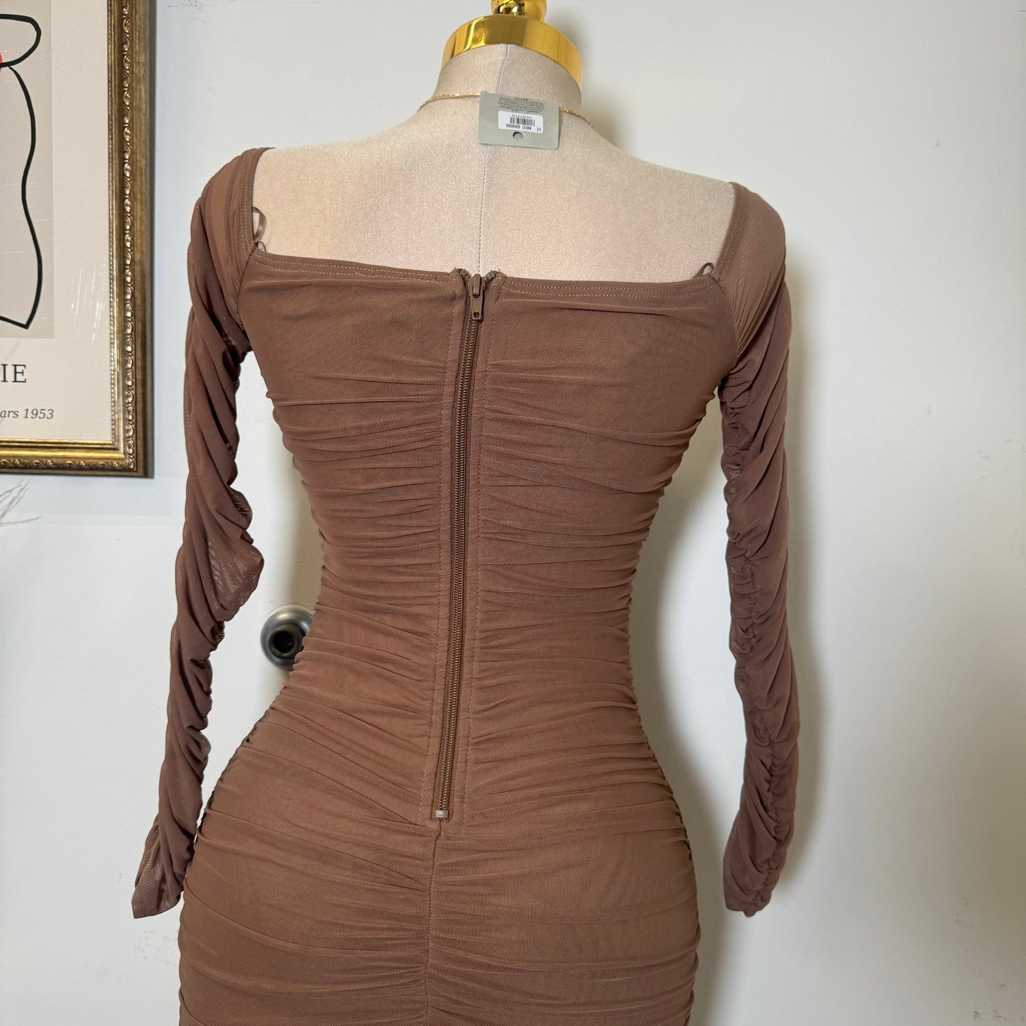Mesh Off Shoulder Long Sleeve Dress-Brown