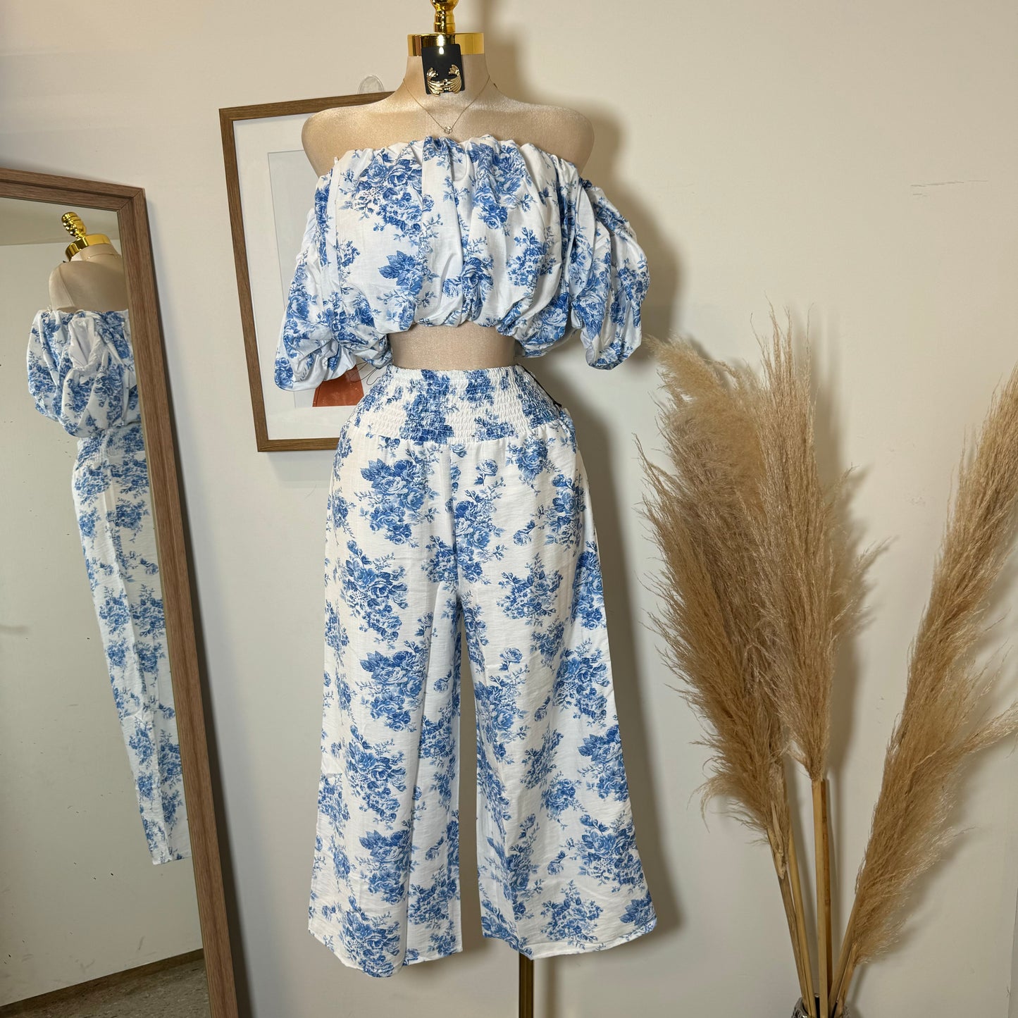 Off Shoulder Floral Top and Pant-Blue/White