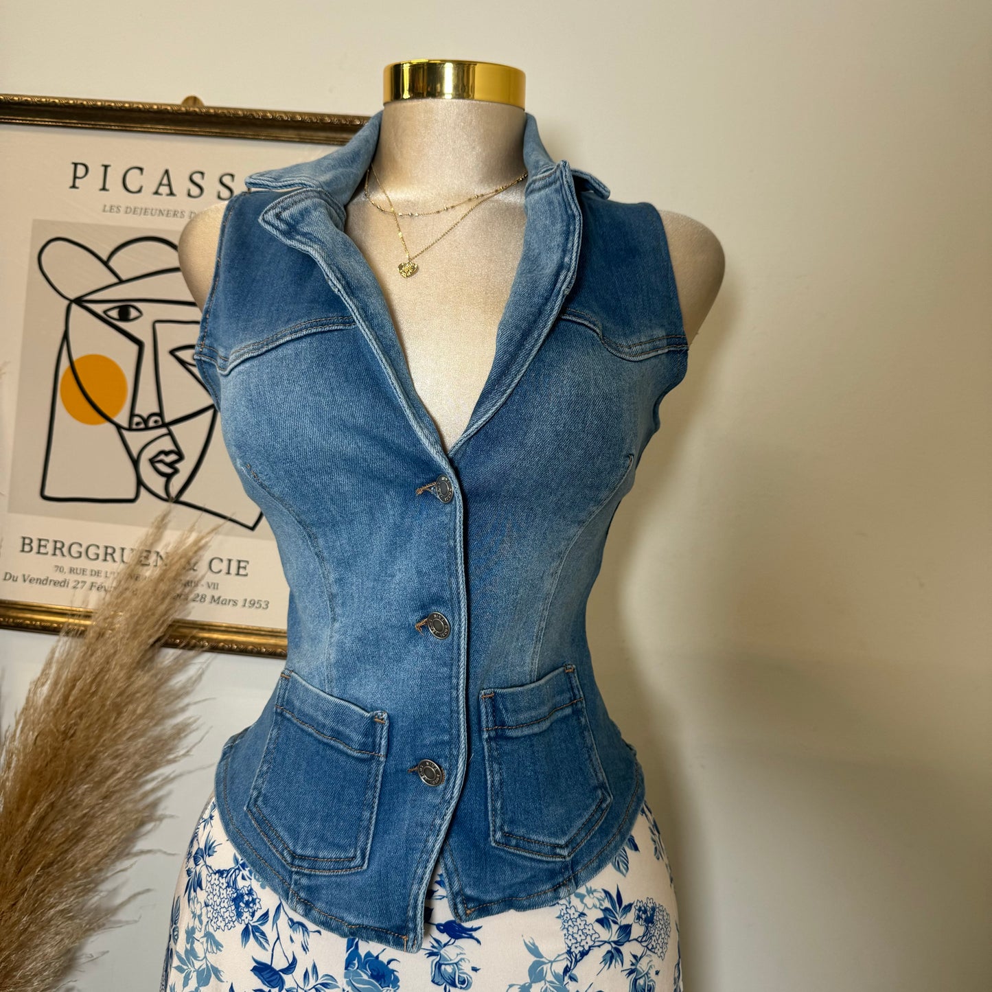 Collar Denim Vest-Blue
