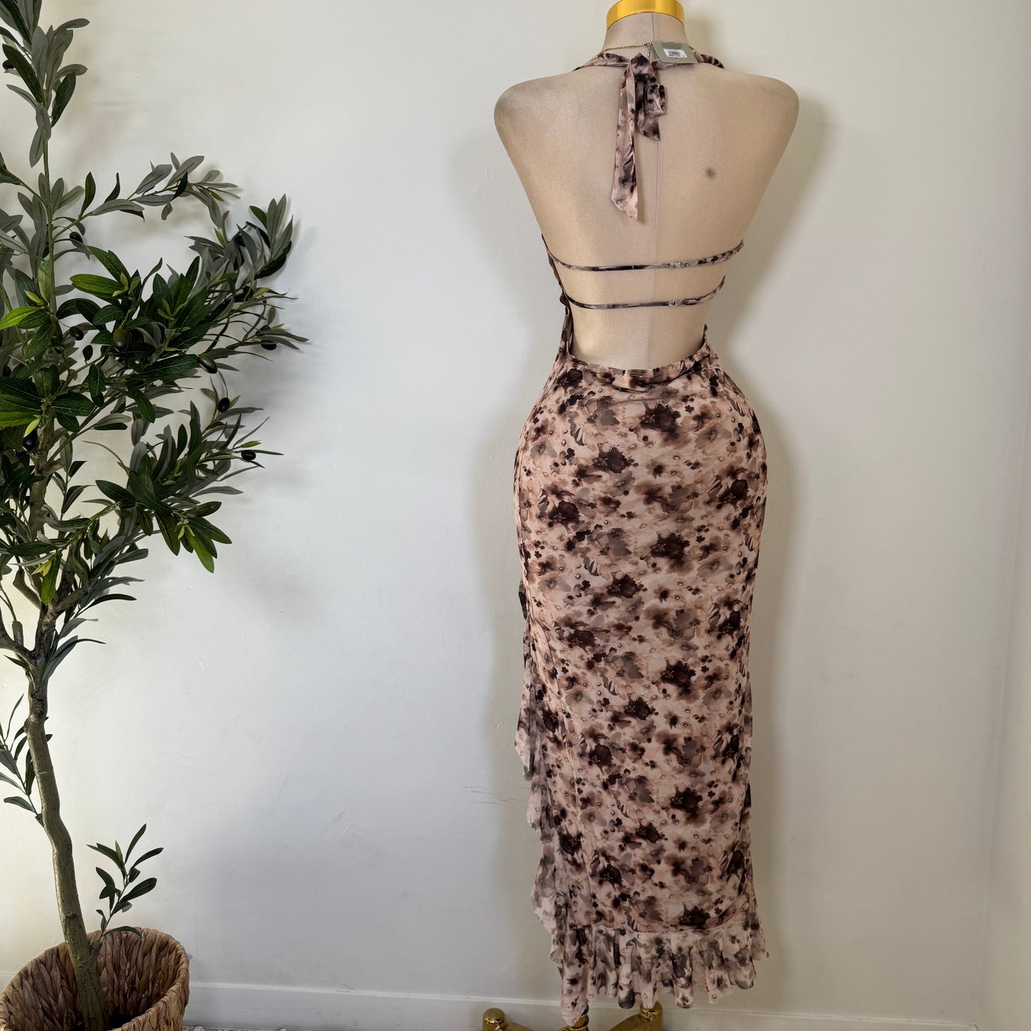 Halter Open Slit Dress-Brown