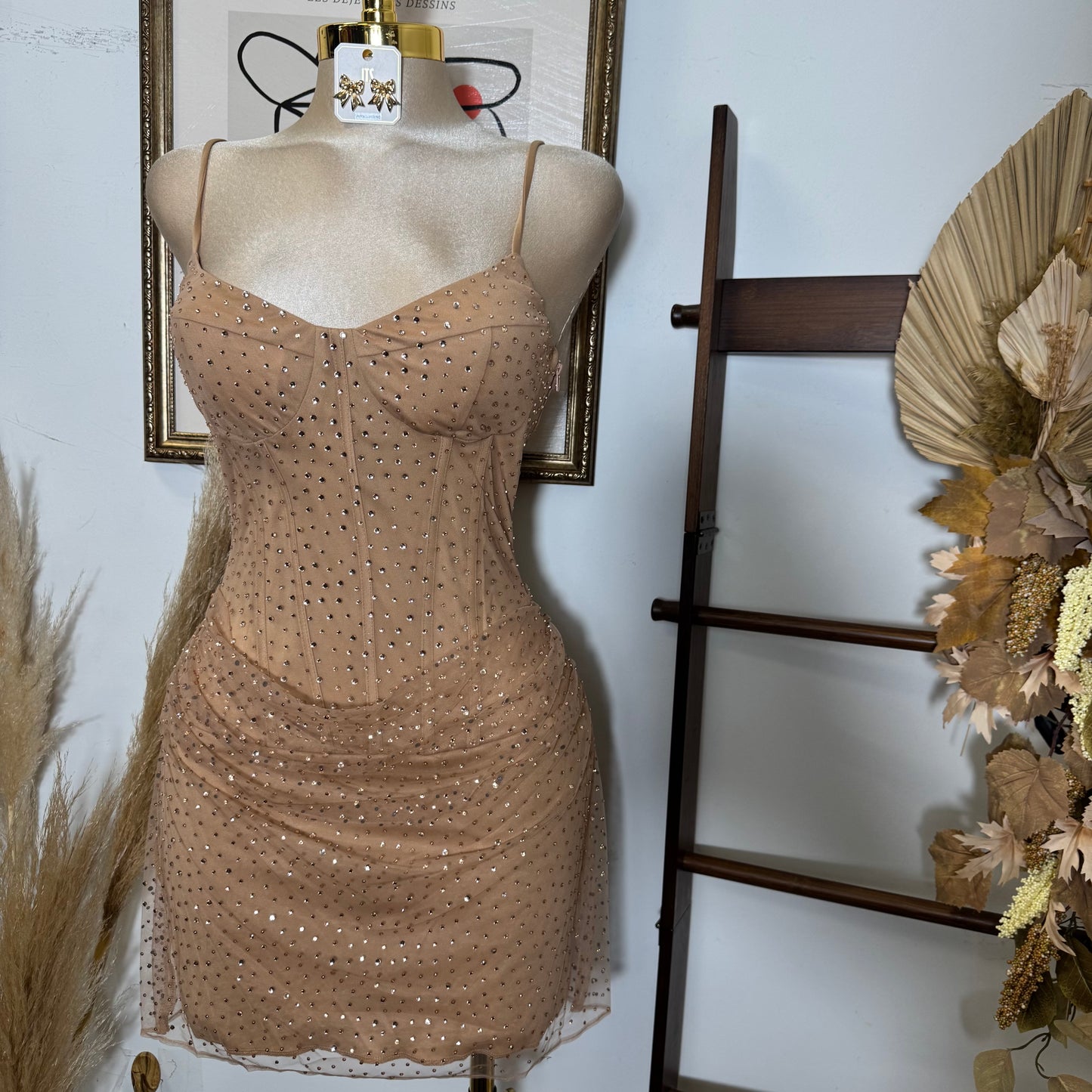 Rhinestone On Overlay Mesh Mini Dress SweetHeart Neckline Adjustable spaghetti Shoulder-Gold