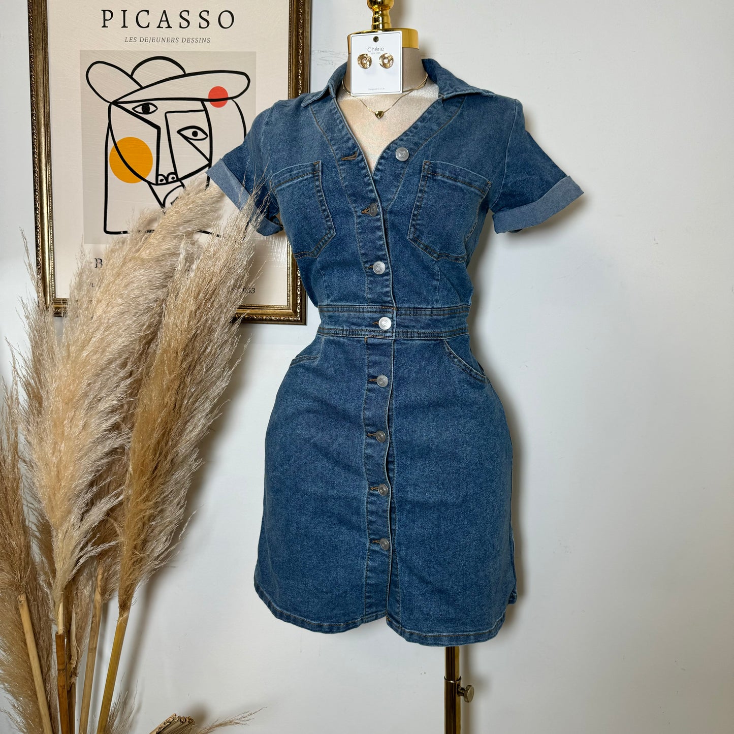 Denim Button Dress-Blue
