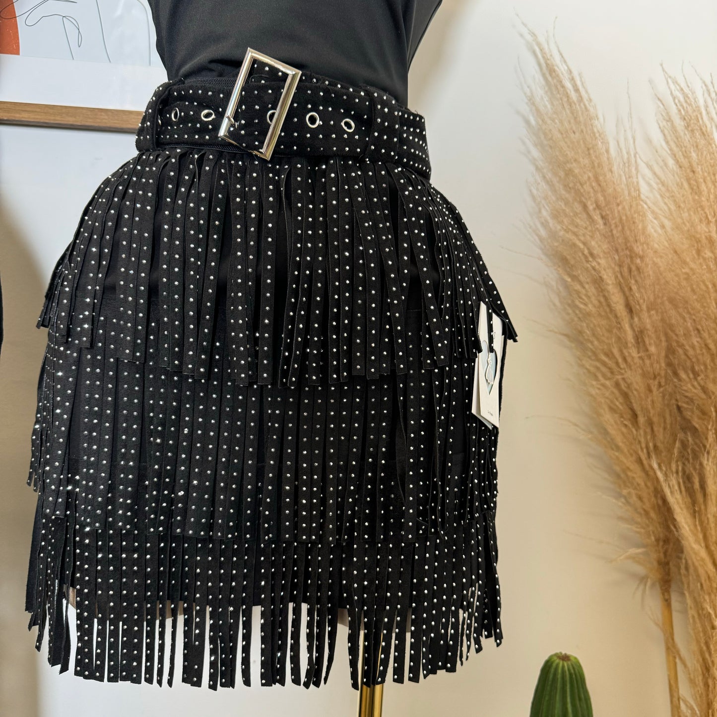 Fringe Skirt With Belt-Black