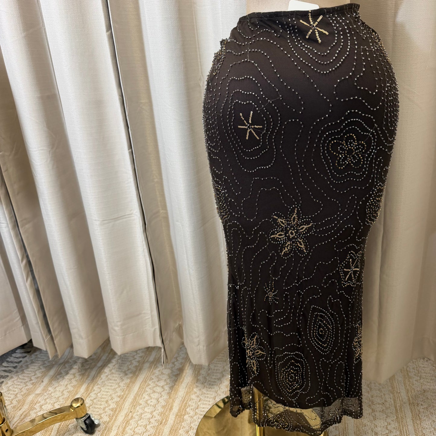 Maxi Skirt Mesh with beads and sequins-Brown