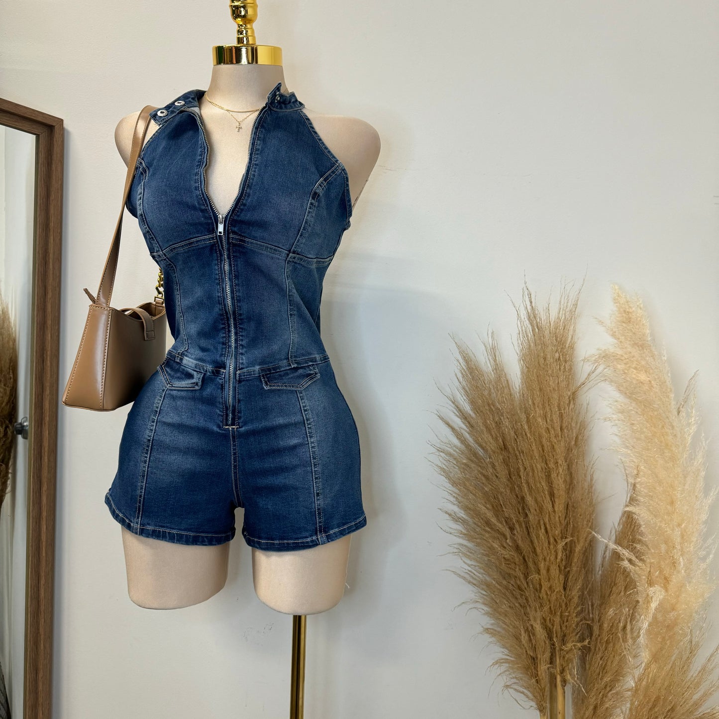 Denim Halter Romper-Dk Blue