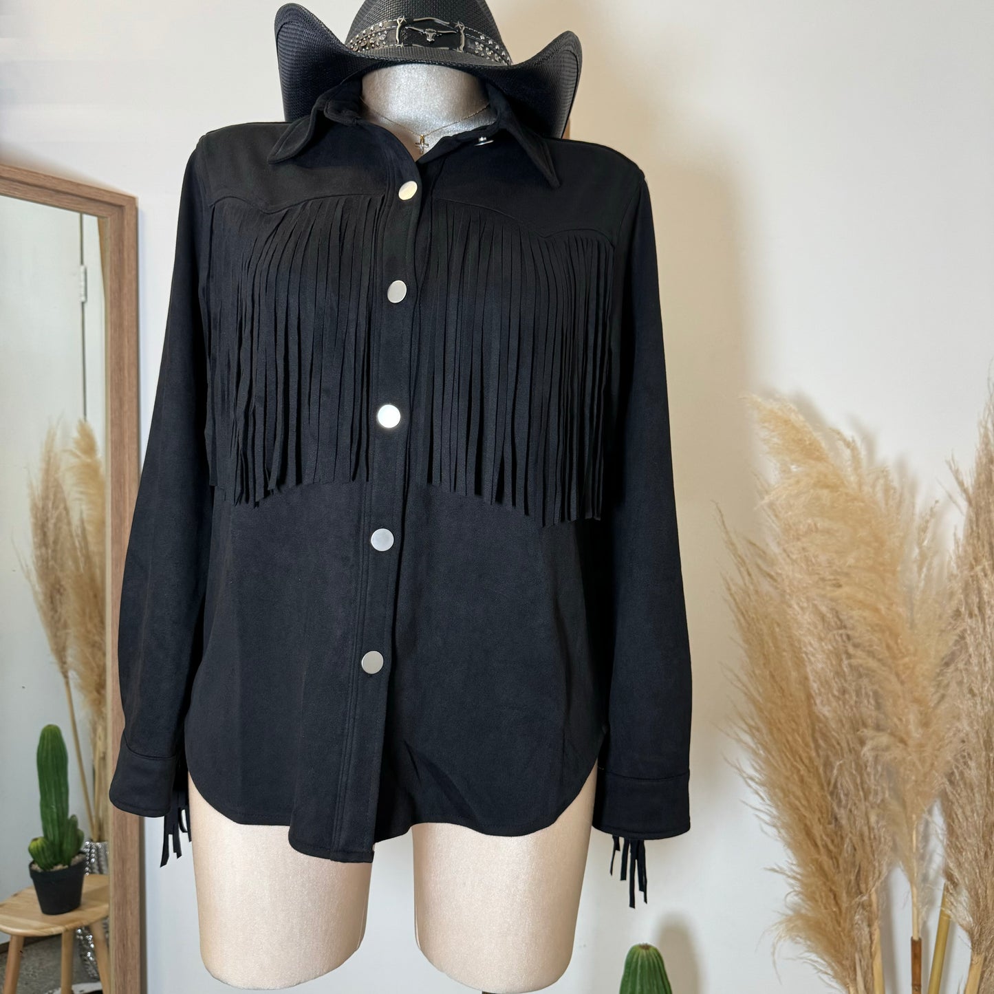 Dime Suede Button Shirt with Fringe-Black