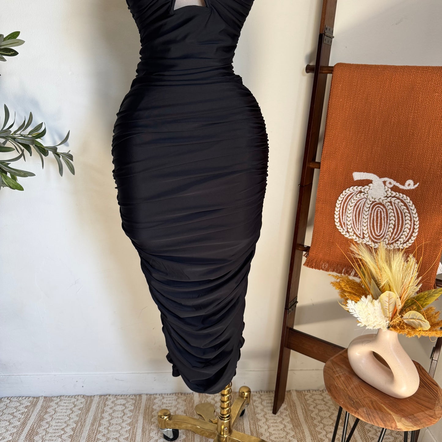 Ruched Midi Dress-Black
