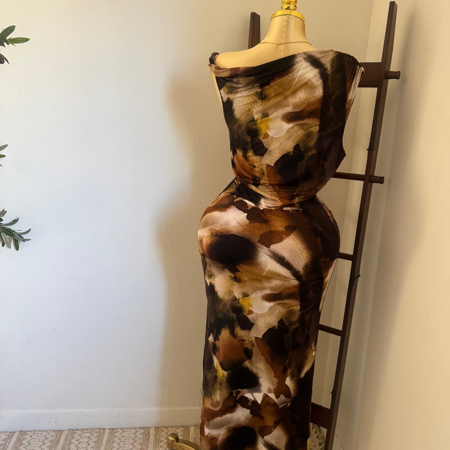 Asymmetrical Plus size Dress-Brown