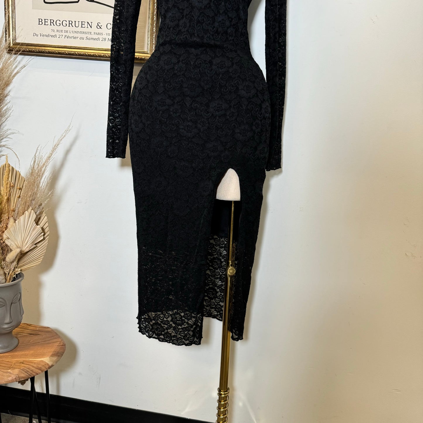 Rosie Lace Midi Open Slit  Dress-Black
