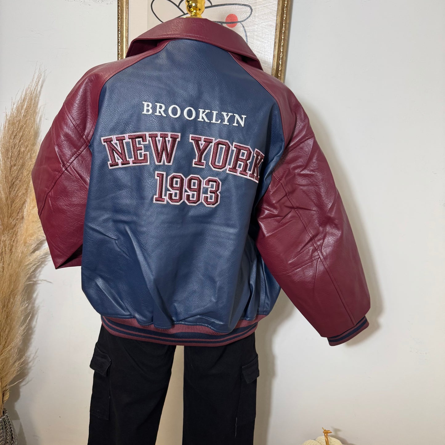 Faux Leather Oversize Jacket -Navy/Burgundy