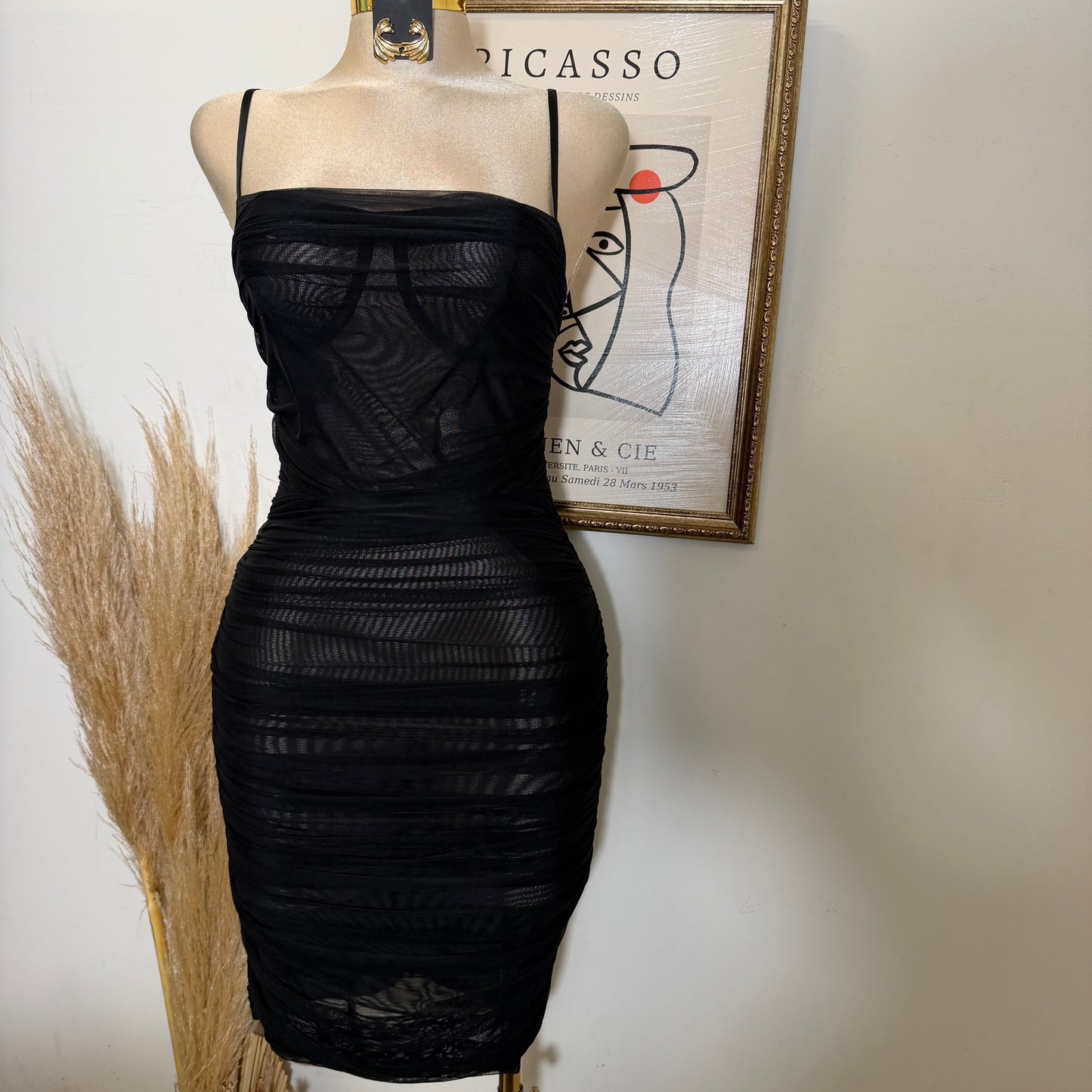 Ruched Mesh Bodycon Midi Dress-Black
