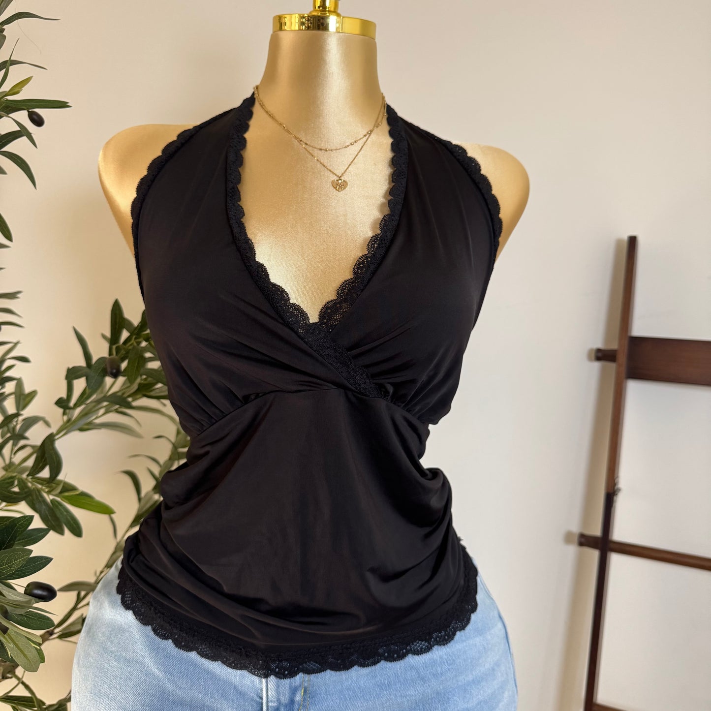 Halter Lace Detail Top PL-Black