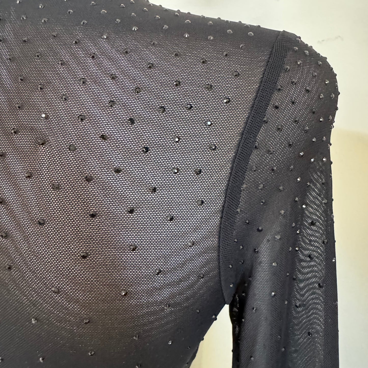 Chic Rhinestone Embellished Mock Neck Bodysuit Top-Black