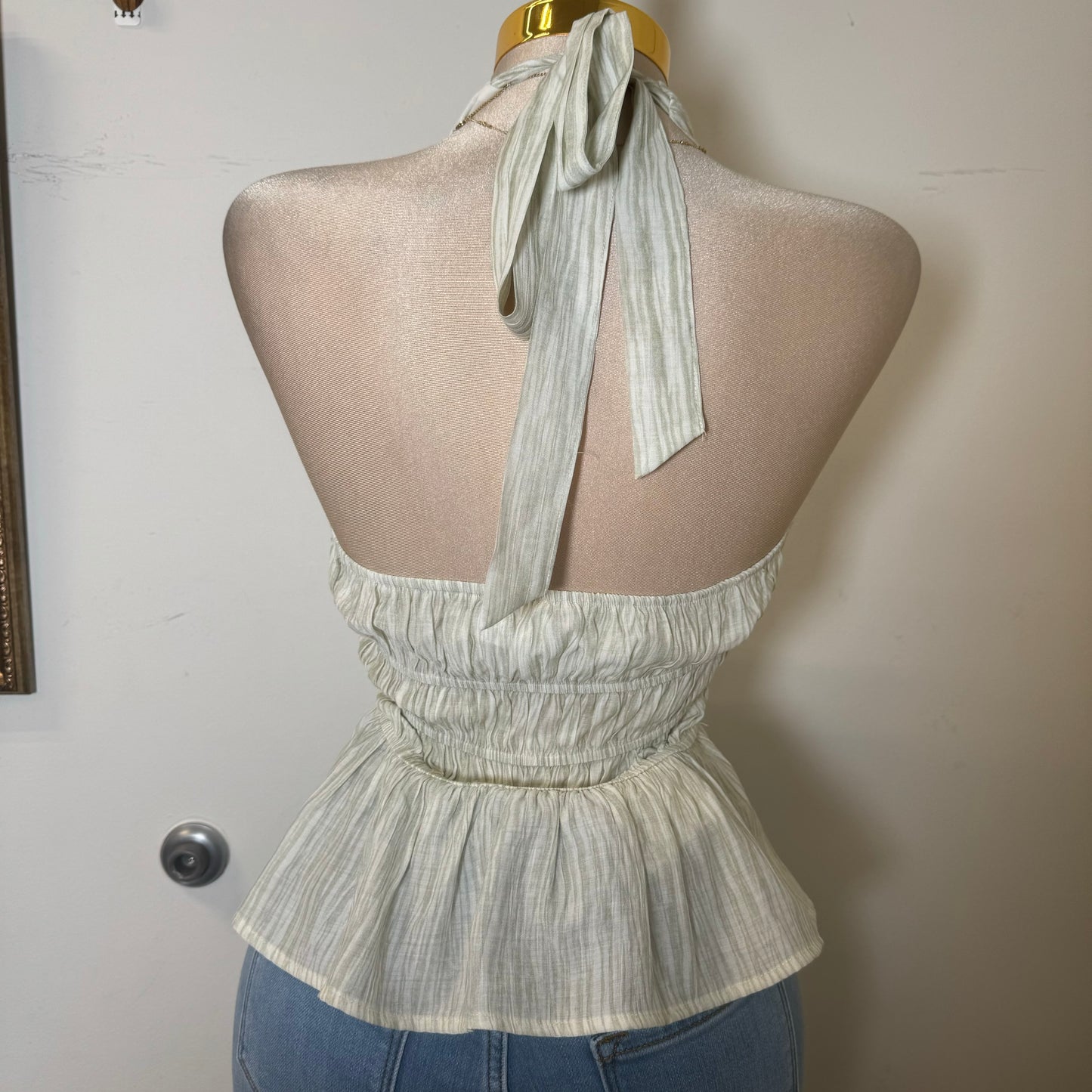 CRINKLE WOVEN PRINT BRAID DETAIL HALTER NECK TOP-Sage