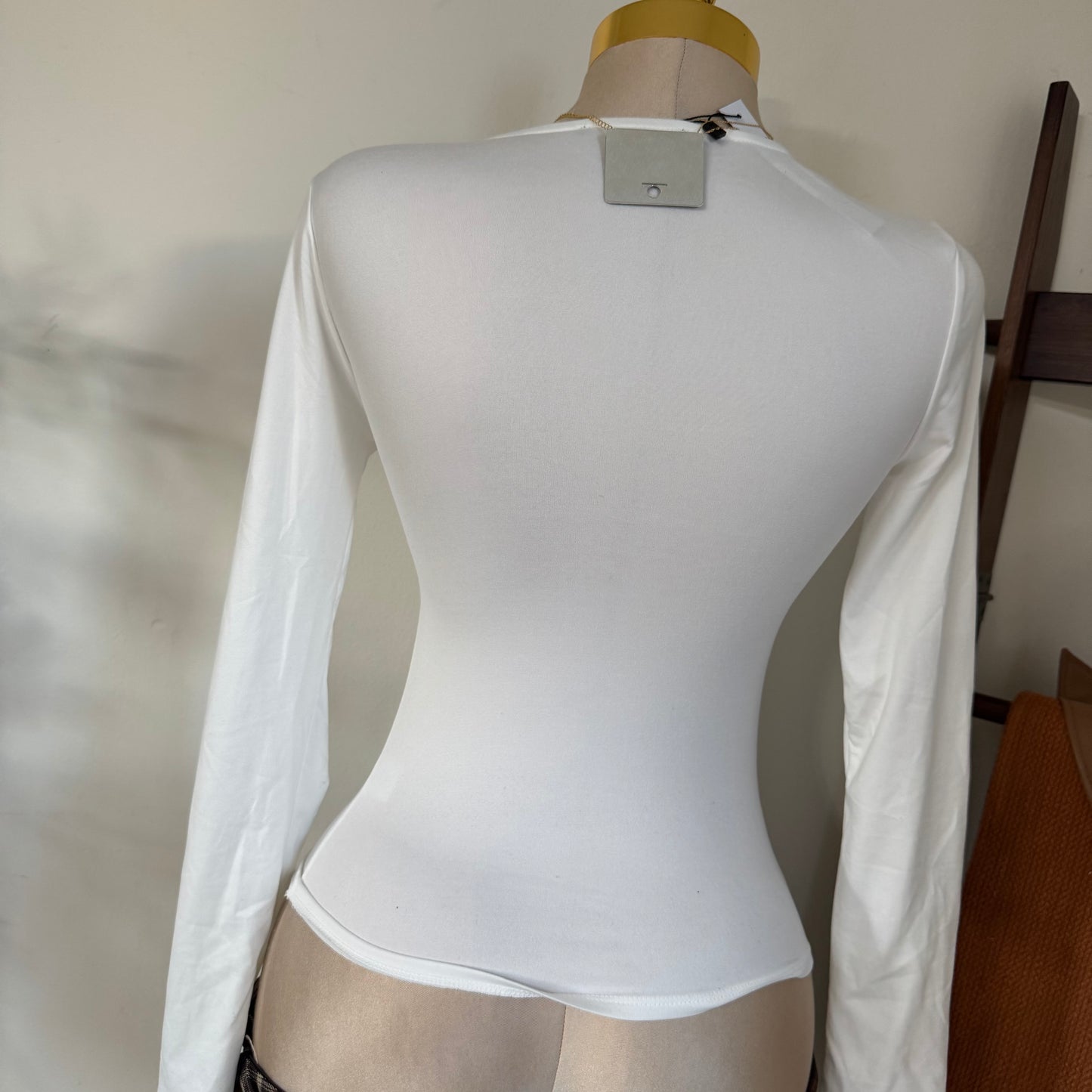 Ruched V-Neck Long Sleeve Double Layered Top-White
