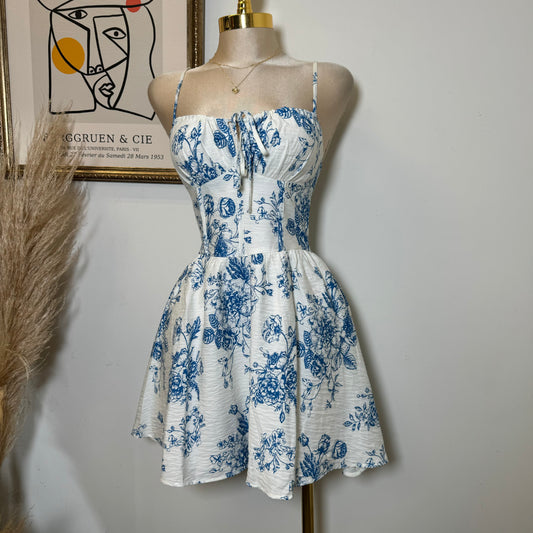 Tropical Smocked Mini Dress-White/Blue