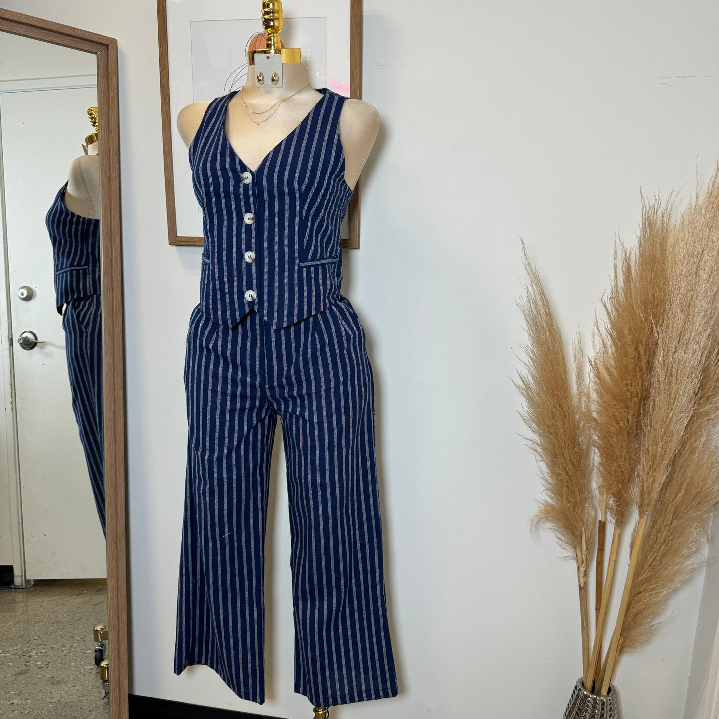 Beli Stripes Linen Pant Set-Navy