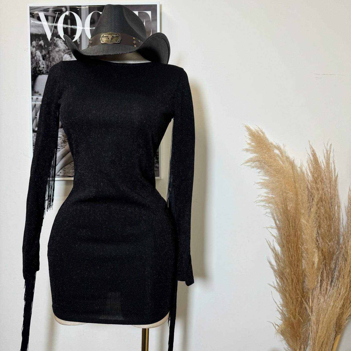 Fringed Metallic Bodycon Dress-Black