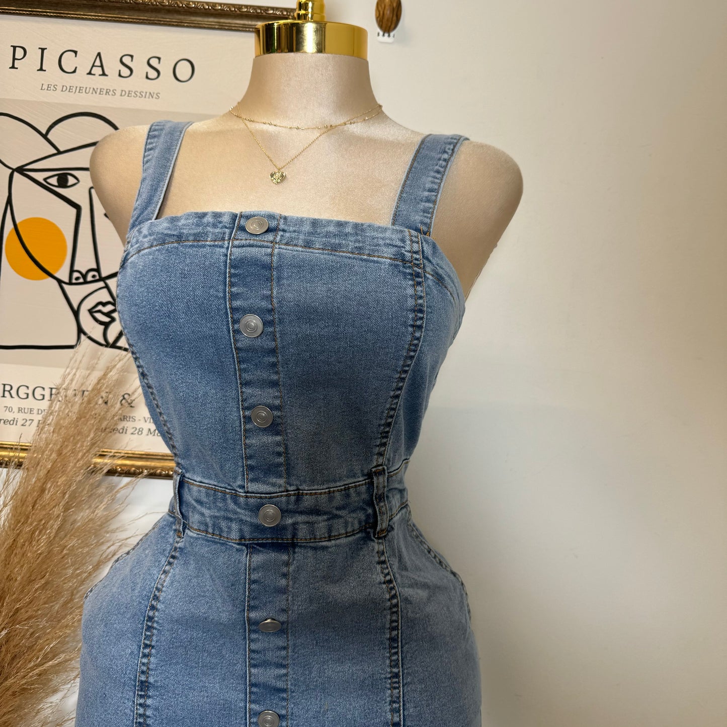 Button Down Placket Denim Dress-Lt Blue