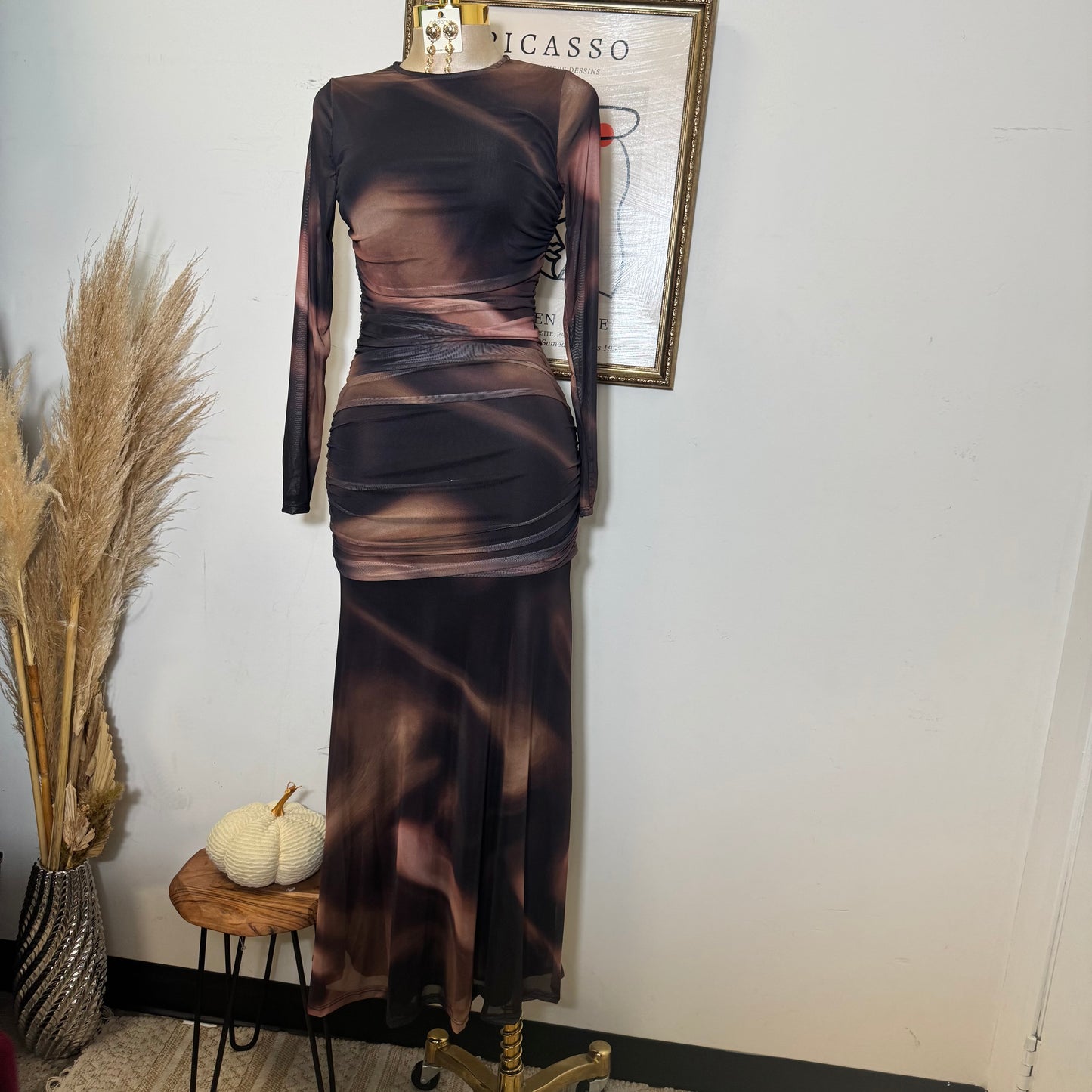Geographic Mesh Maxi Dress-Brown Combo