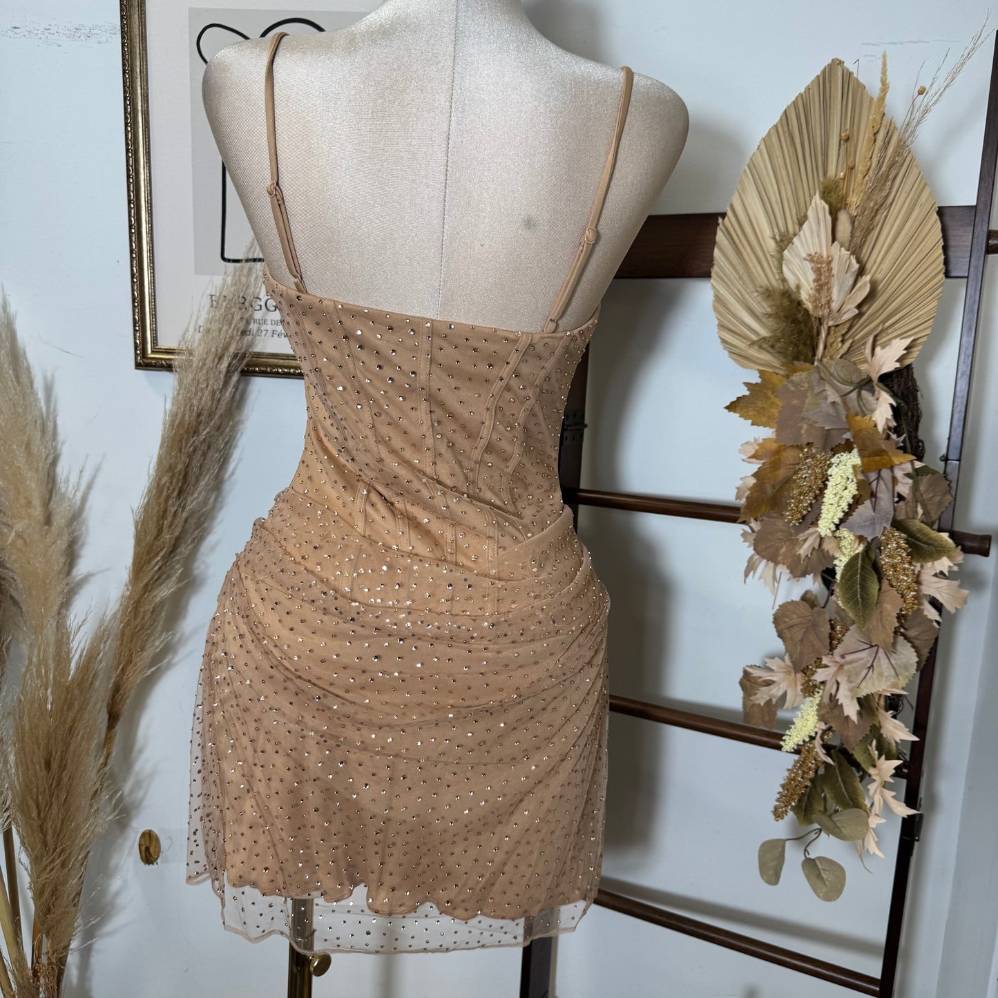 Rhinestone On Overlay Mesh Mini Dress SweetHeart Neckline Adjustable spaghetti Shoulder-Gold