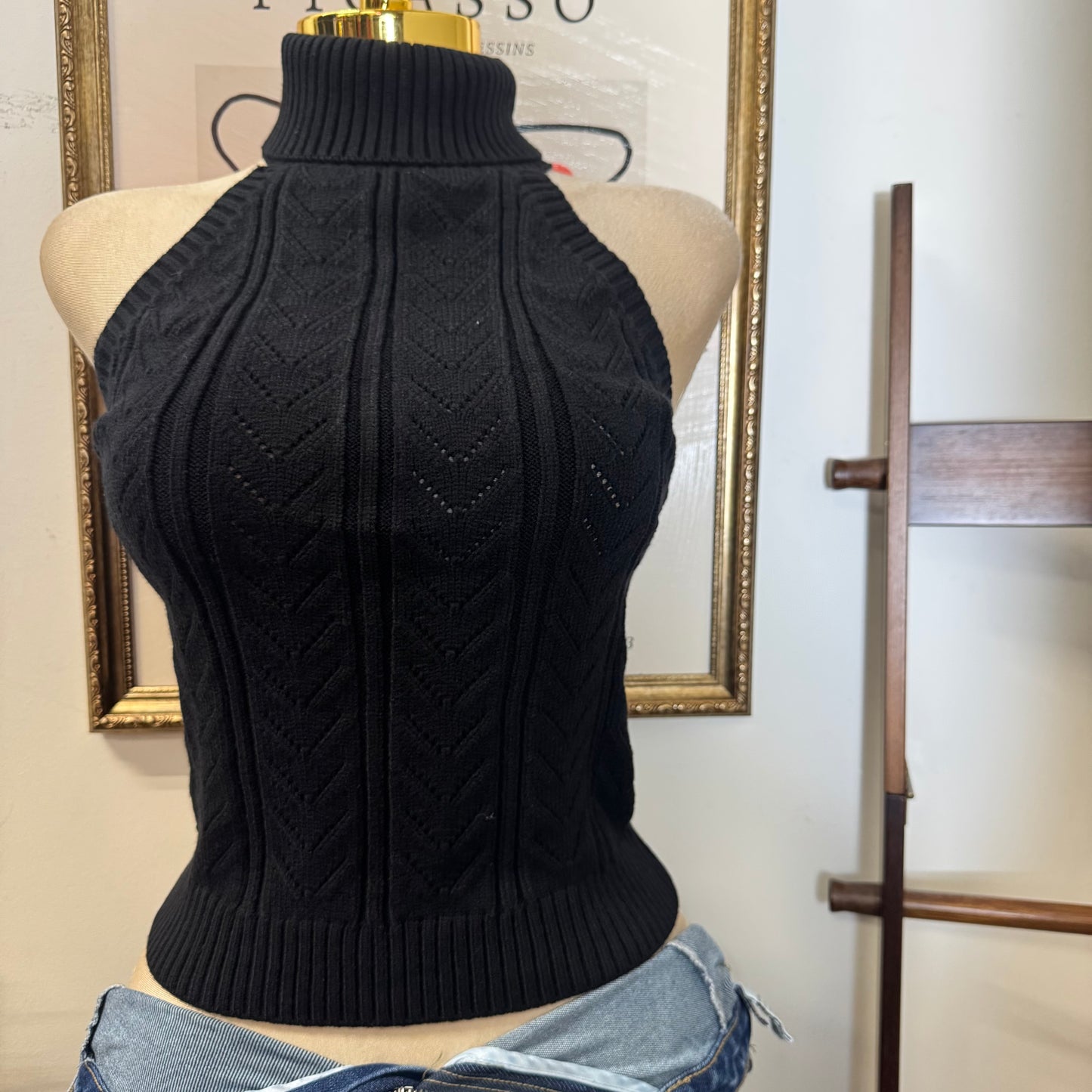 Sleeveless Turtle Neck Front Cable Sweater-Black