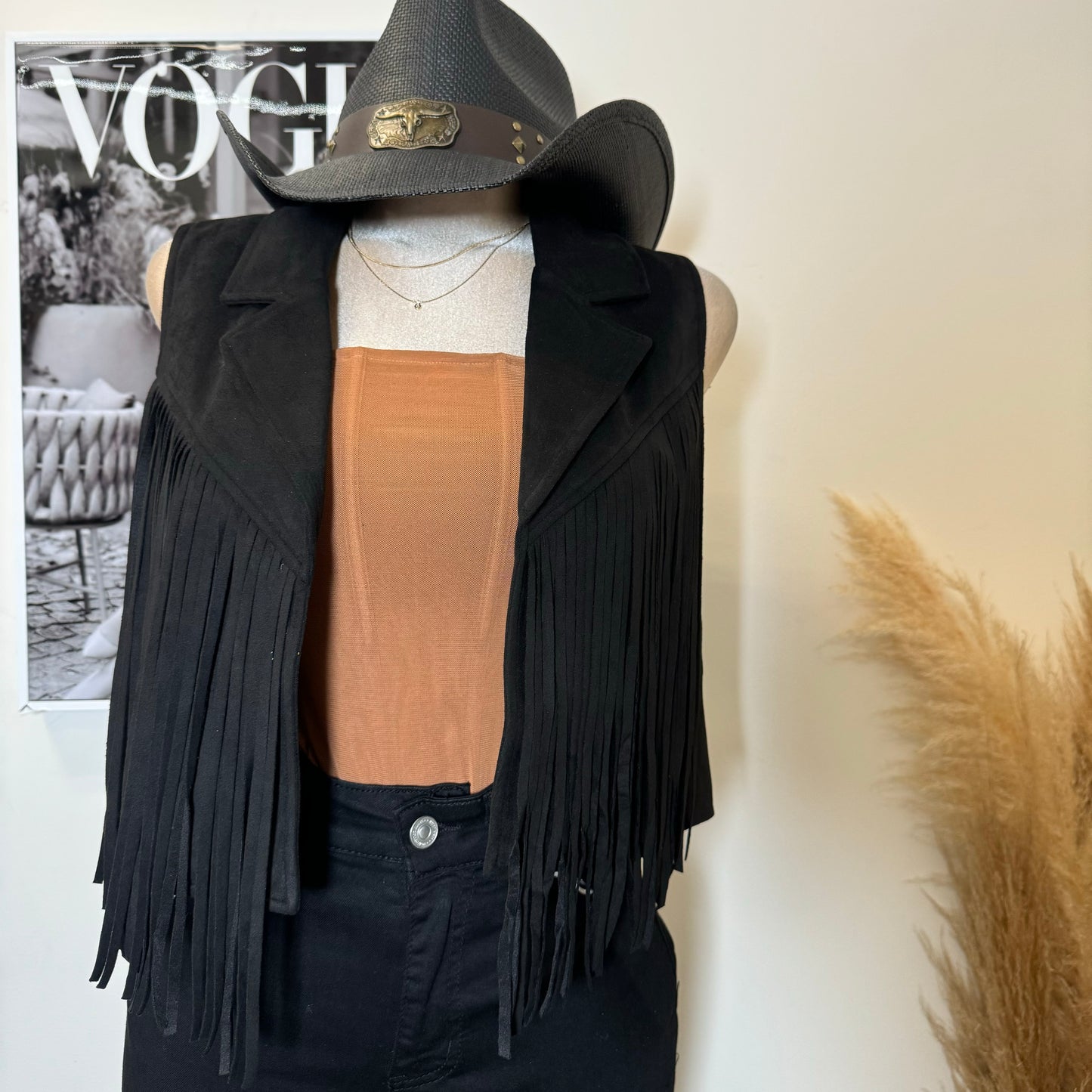 Collared Fringe Suede Vest -Black