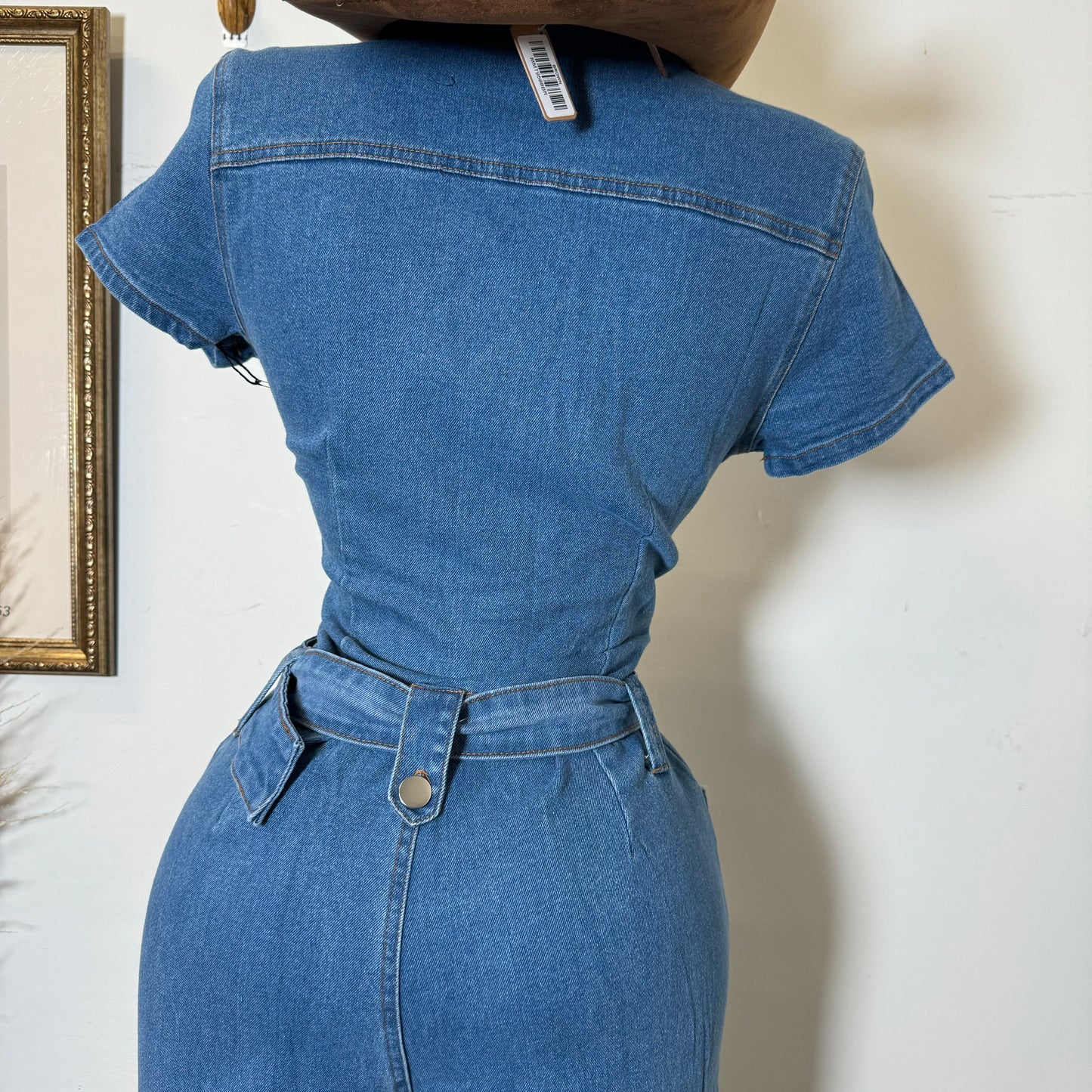 Belt Short Sleeve Jumpsuit-Denim Blue