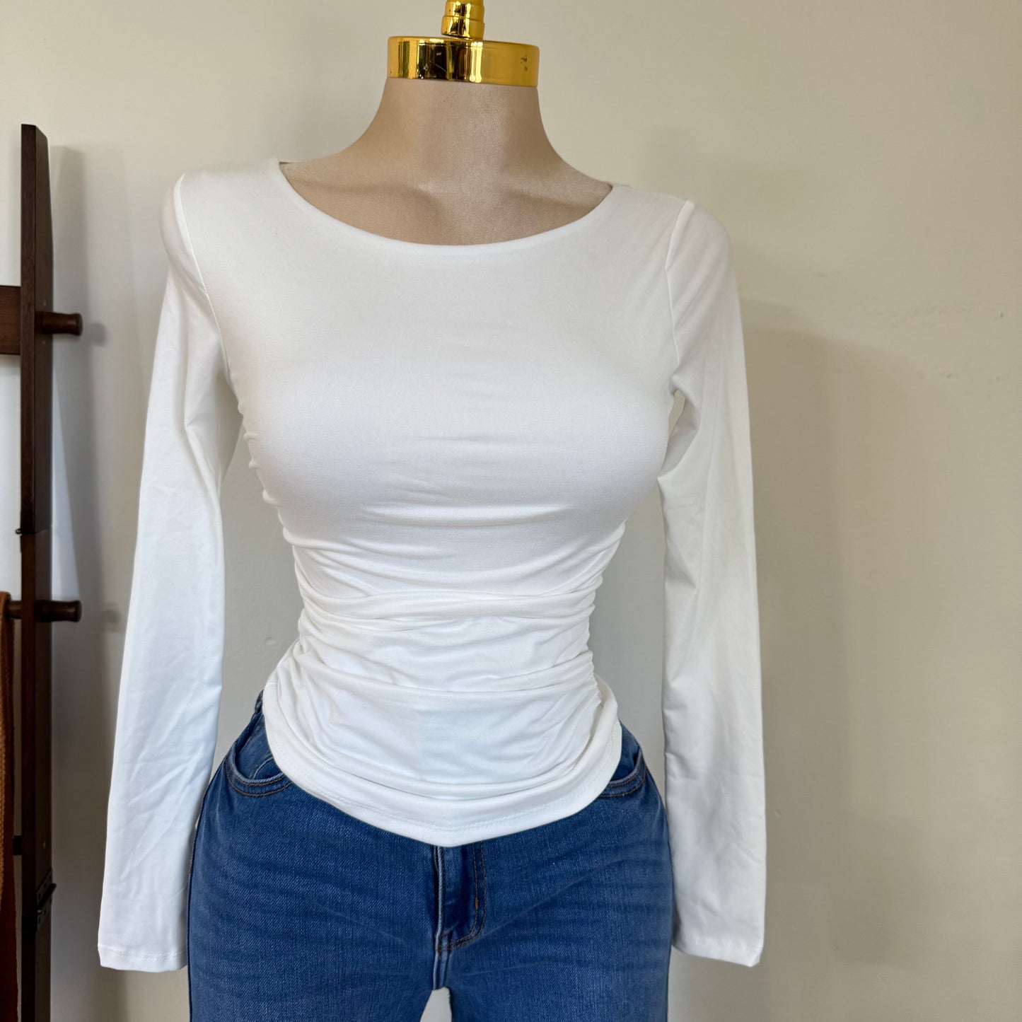 Ruched Long Sleeve Double Layered Top-White