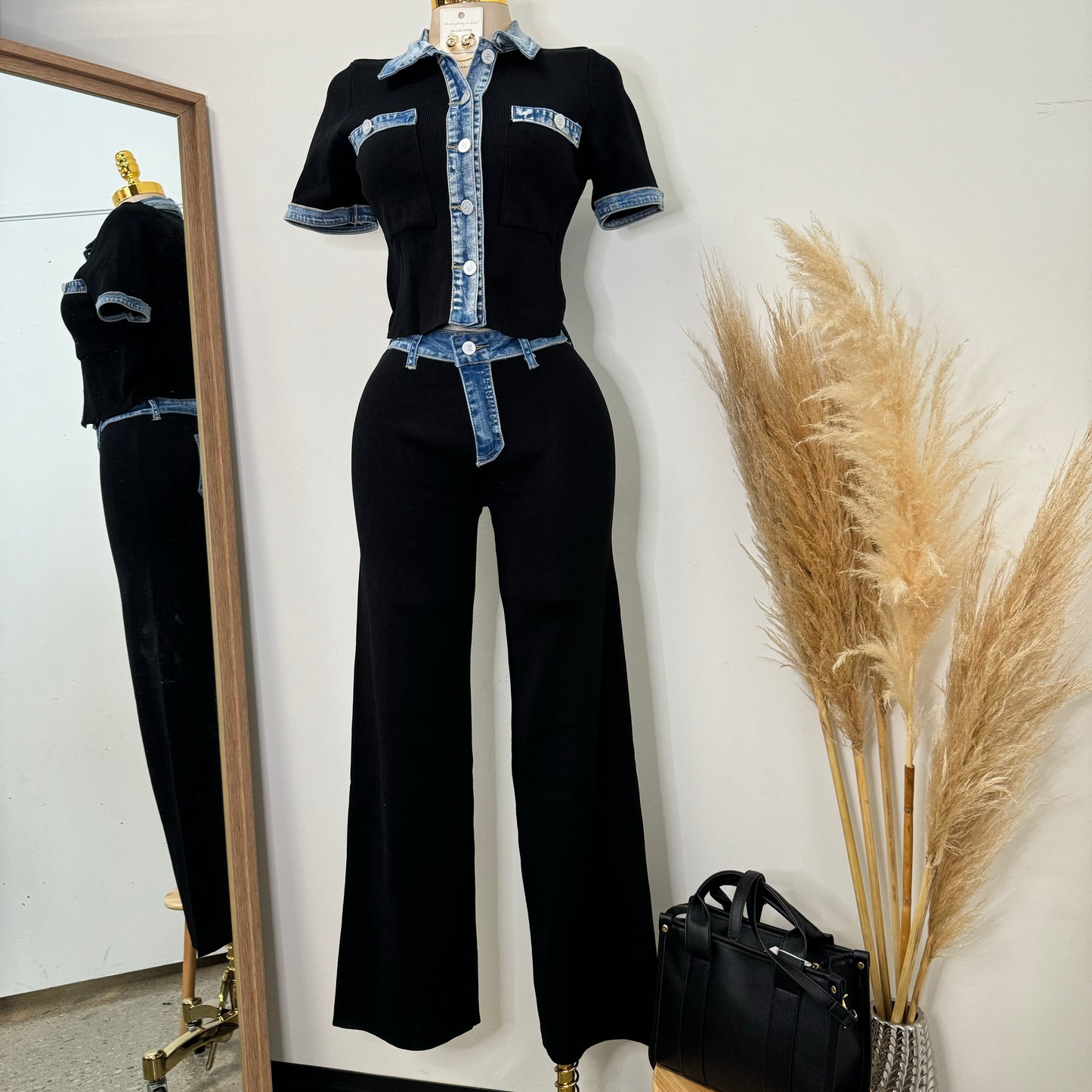 Street Chic Contrast Ribbed Denim Pant Set-black