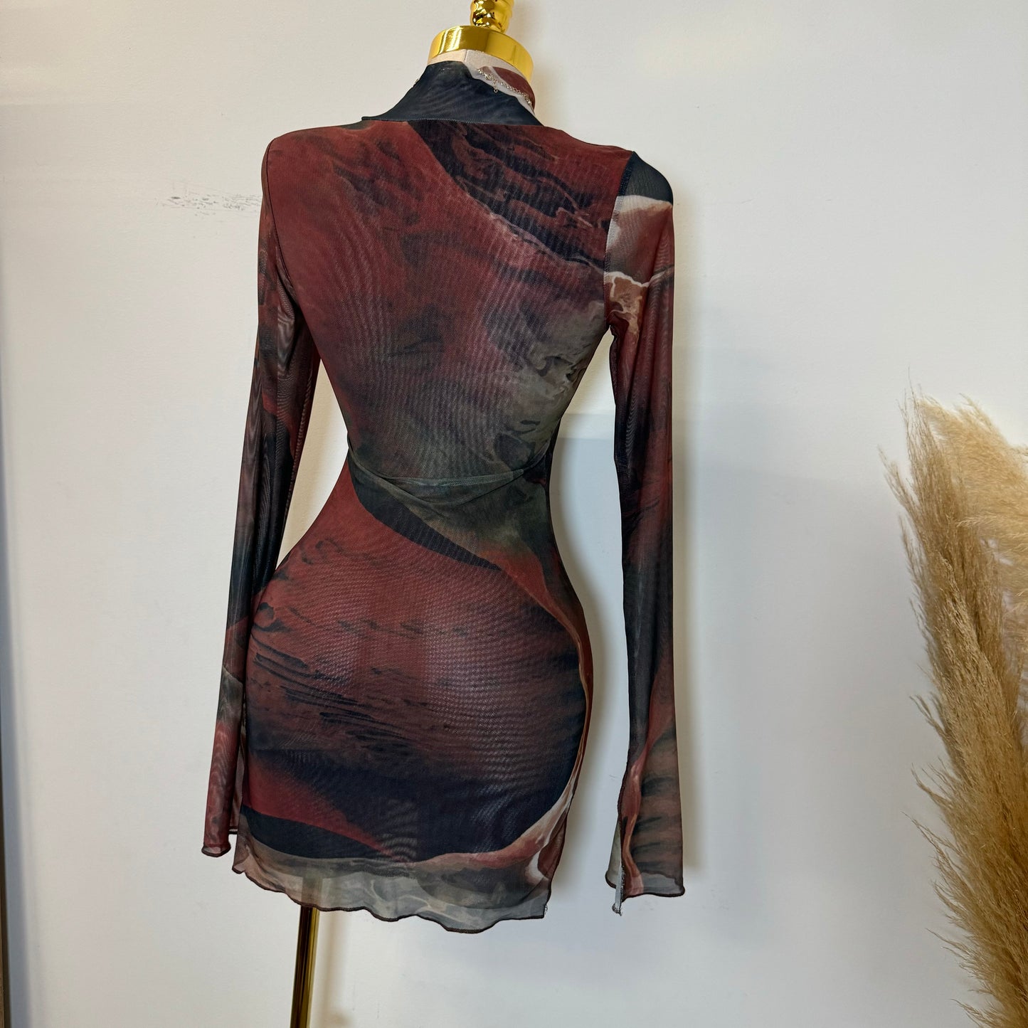 TORY Mesh Long Sleeve Dress-Multi Burgundy