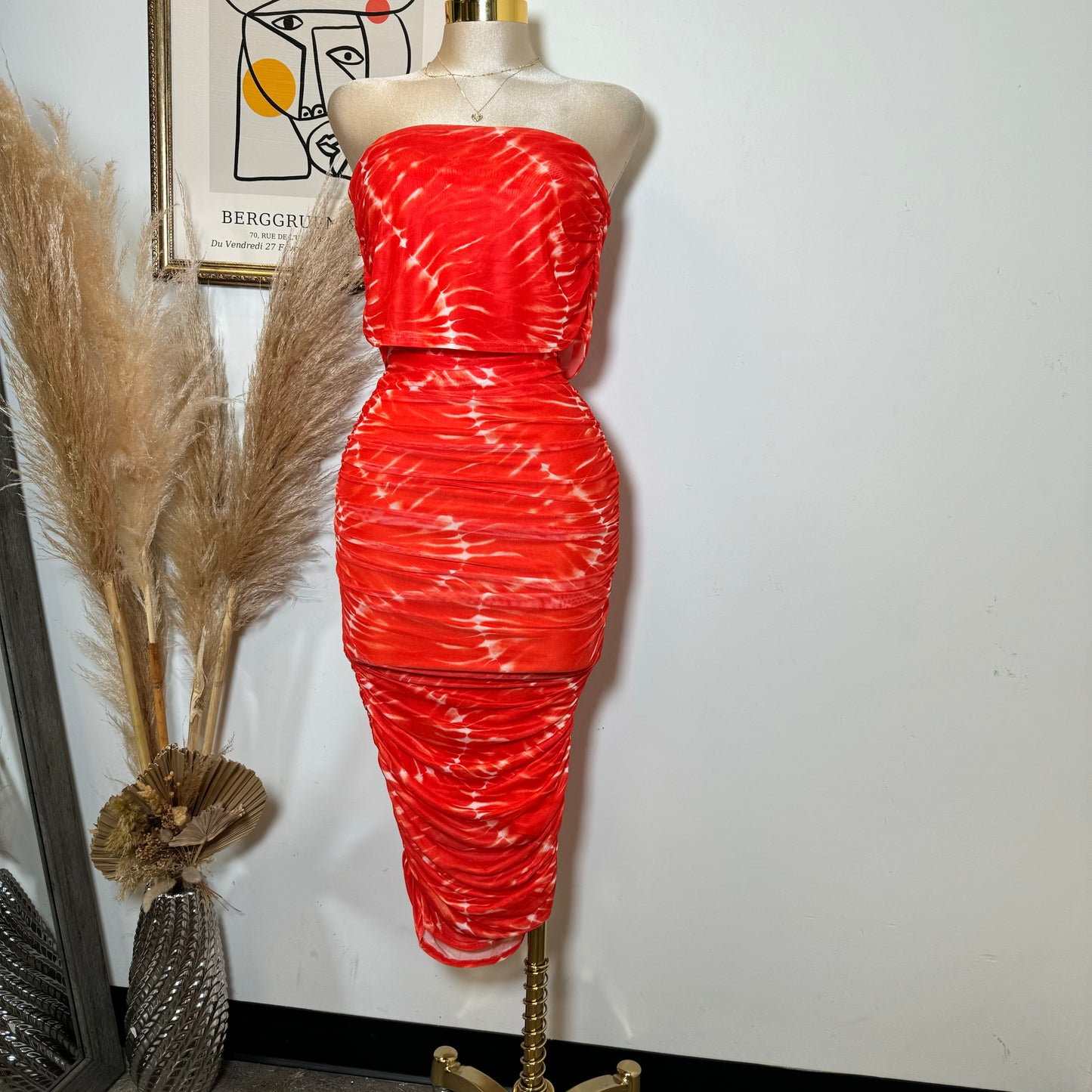Off Shoulder Mesh Dress-Orange