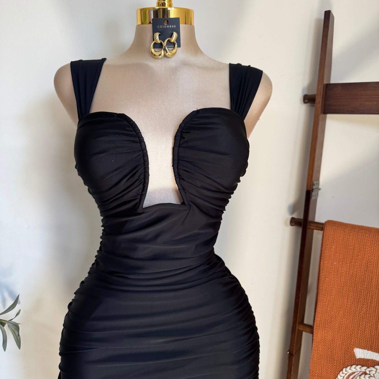 Ruched Midi Dress-Black