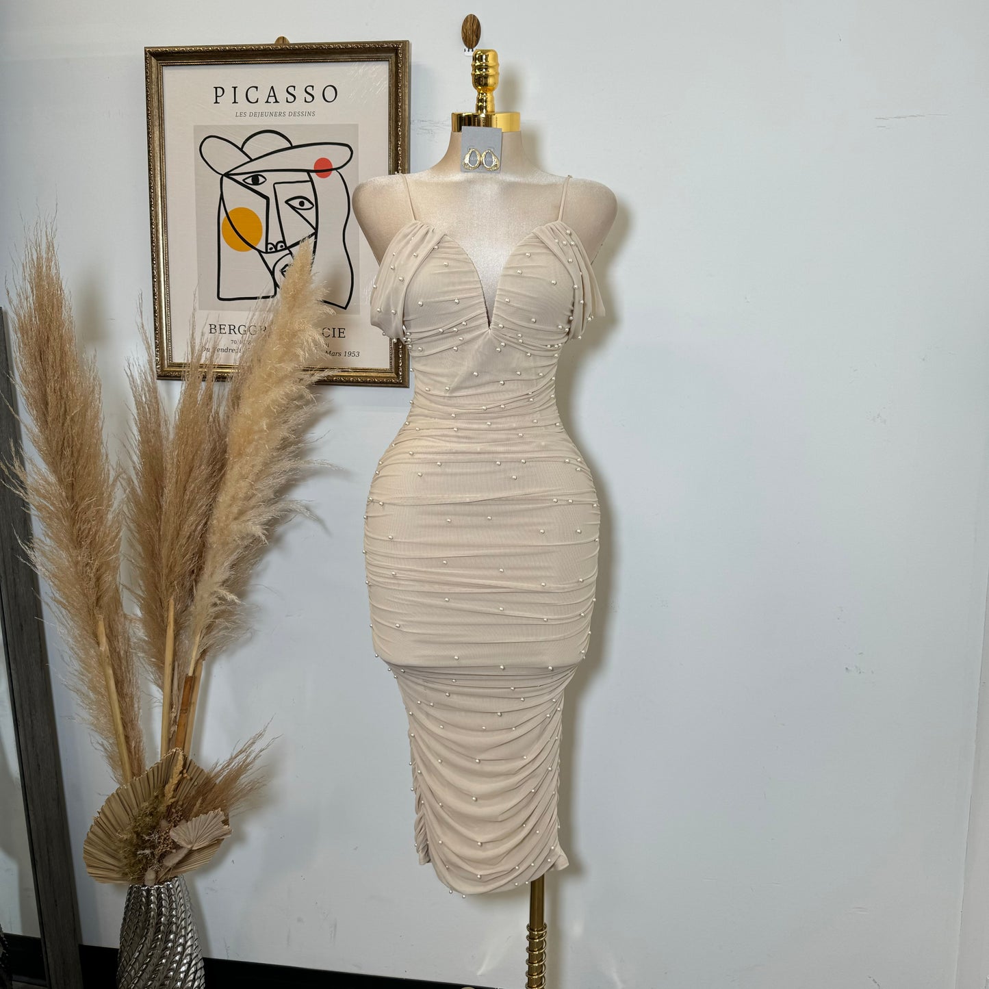 Aria Pearl Midi Dress- Beige
