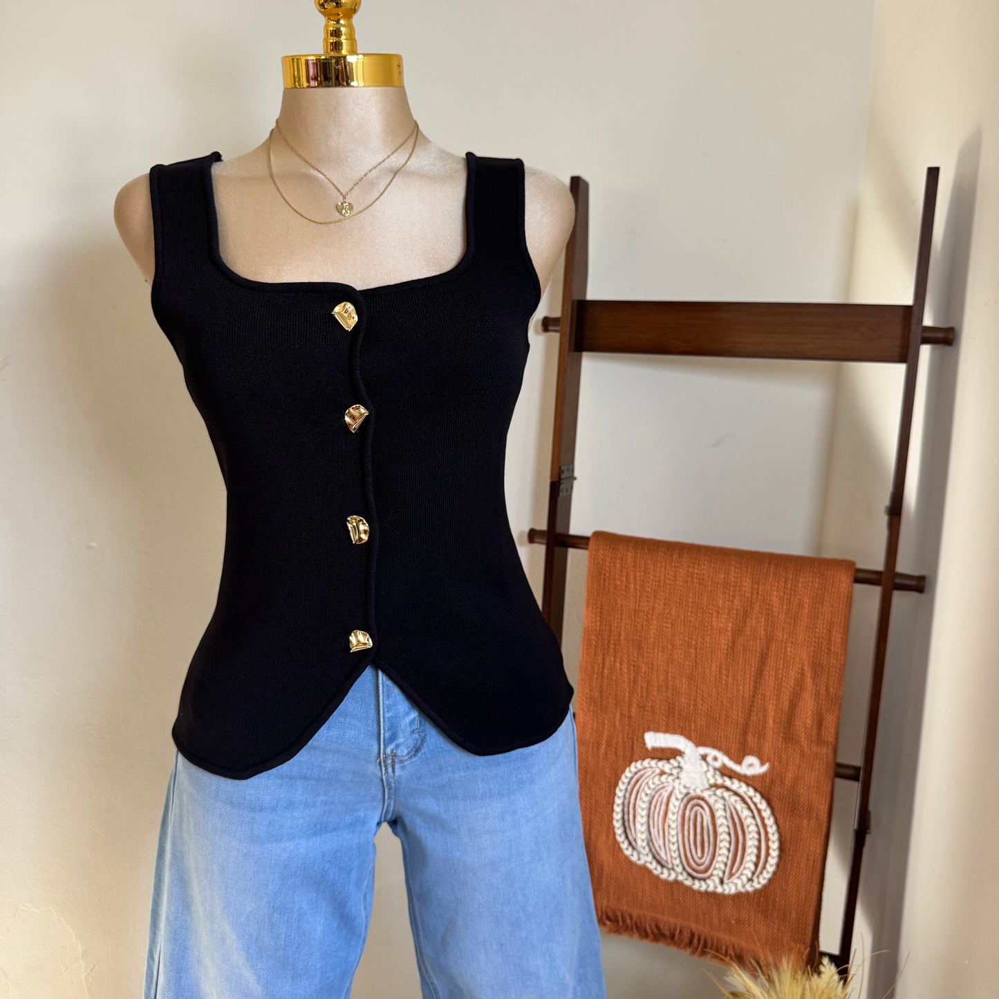 Tank Knitted Top with gold buttons-Black