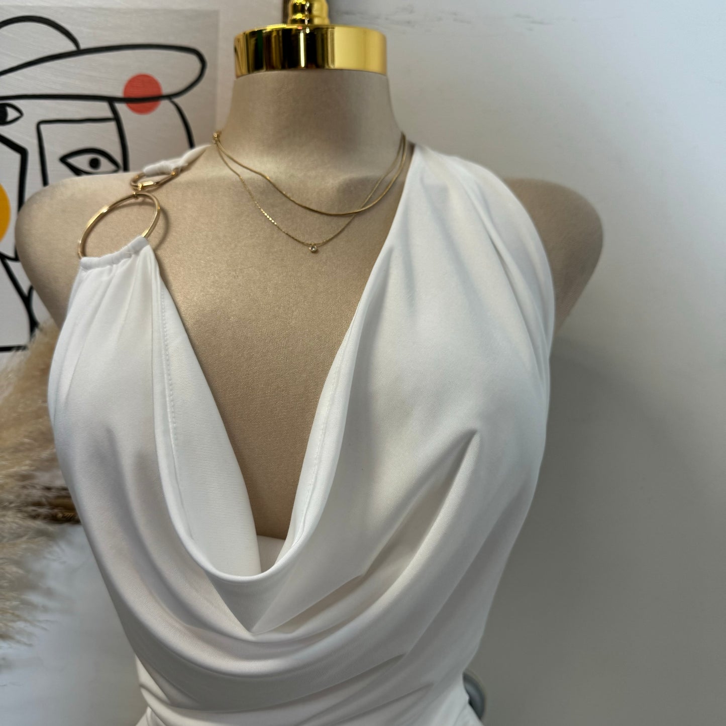 Cowl Halter Mesh Dress-White