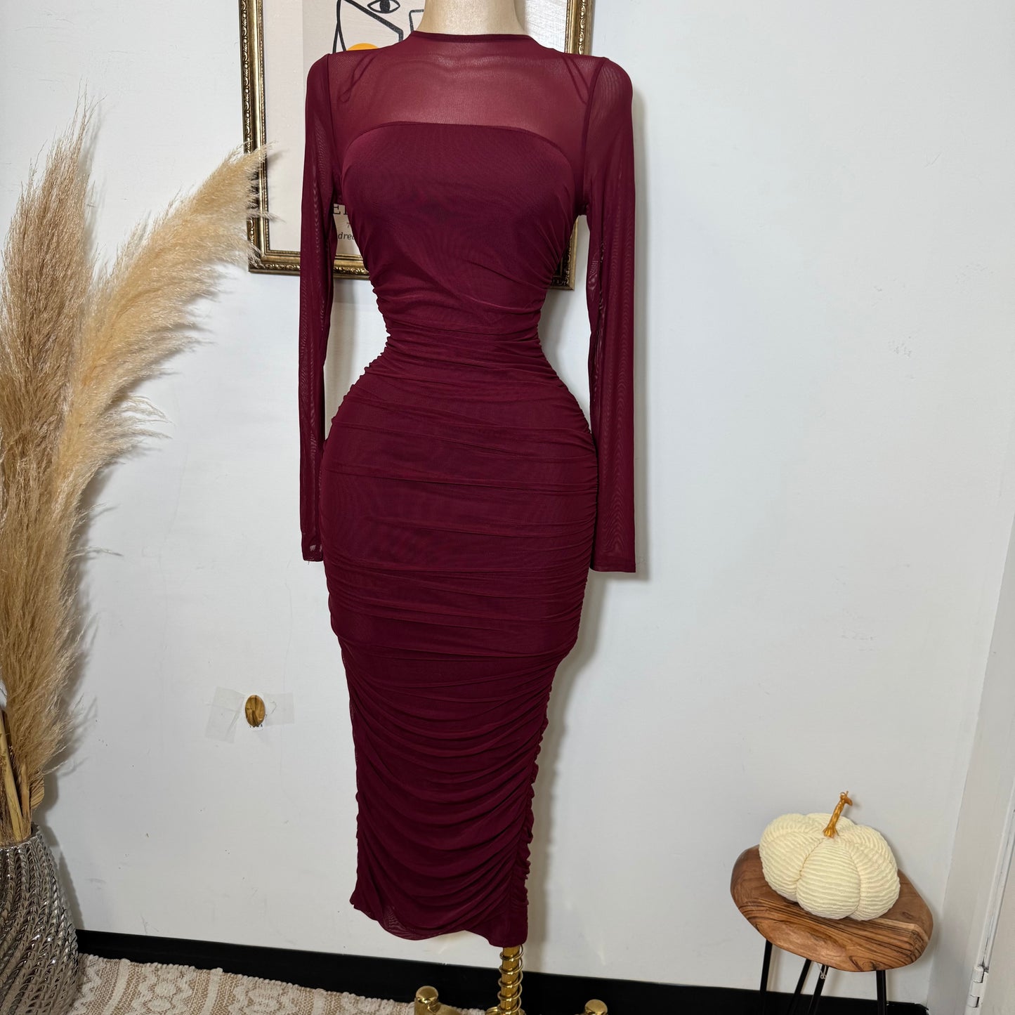 Round Neck Long Sleeve Ruching Midi Dress-Dk Cherry