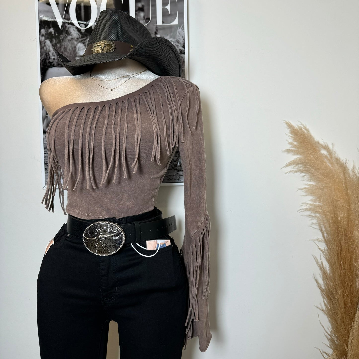One Shoulder Fringe Top-Brown