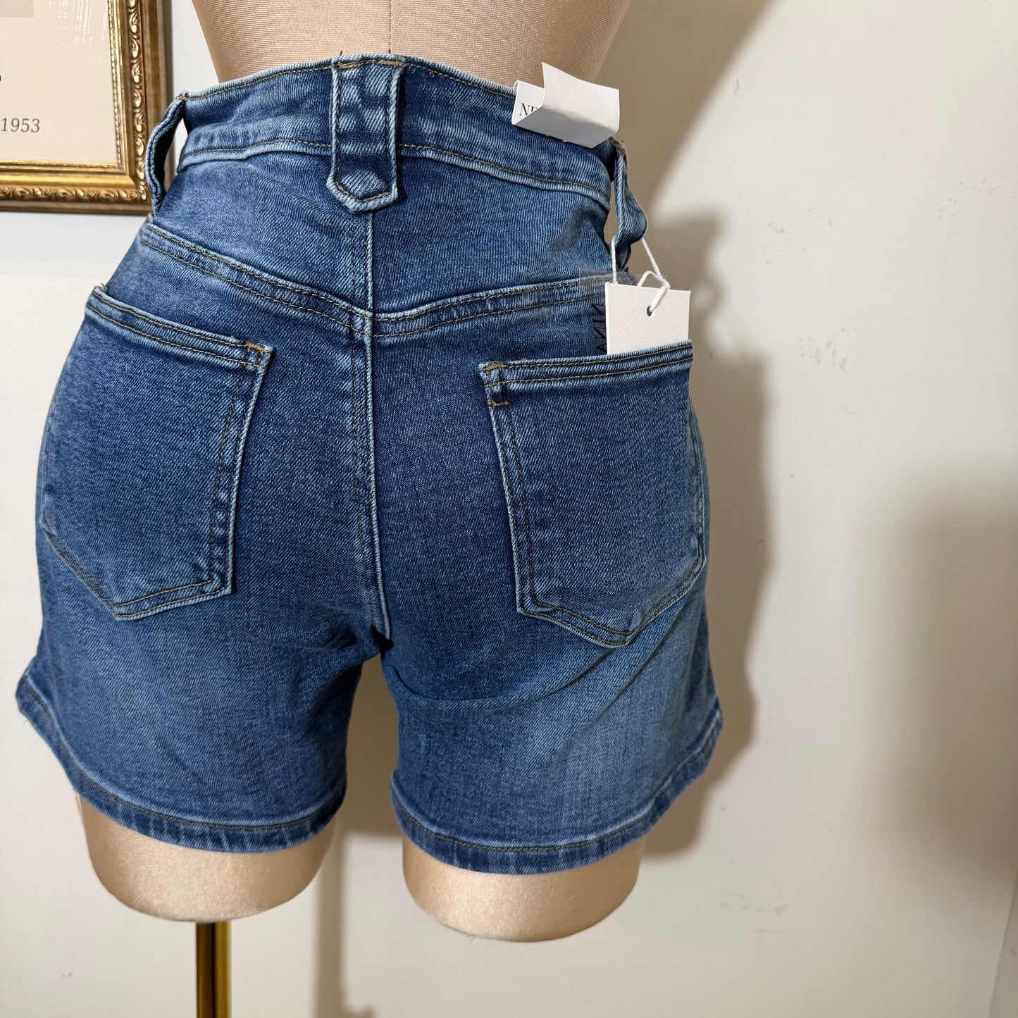 High Waisted Shorts Silver Button-Medium Wash