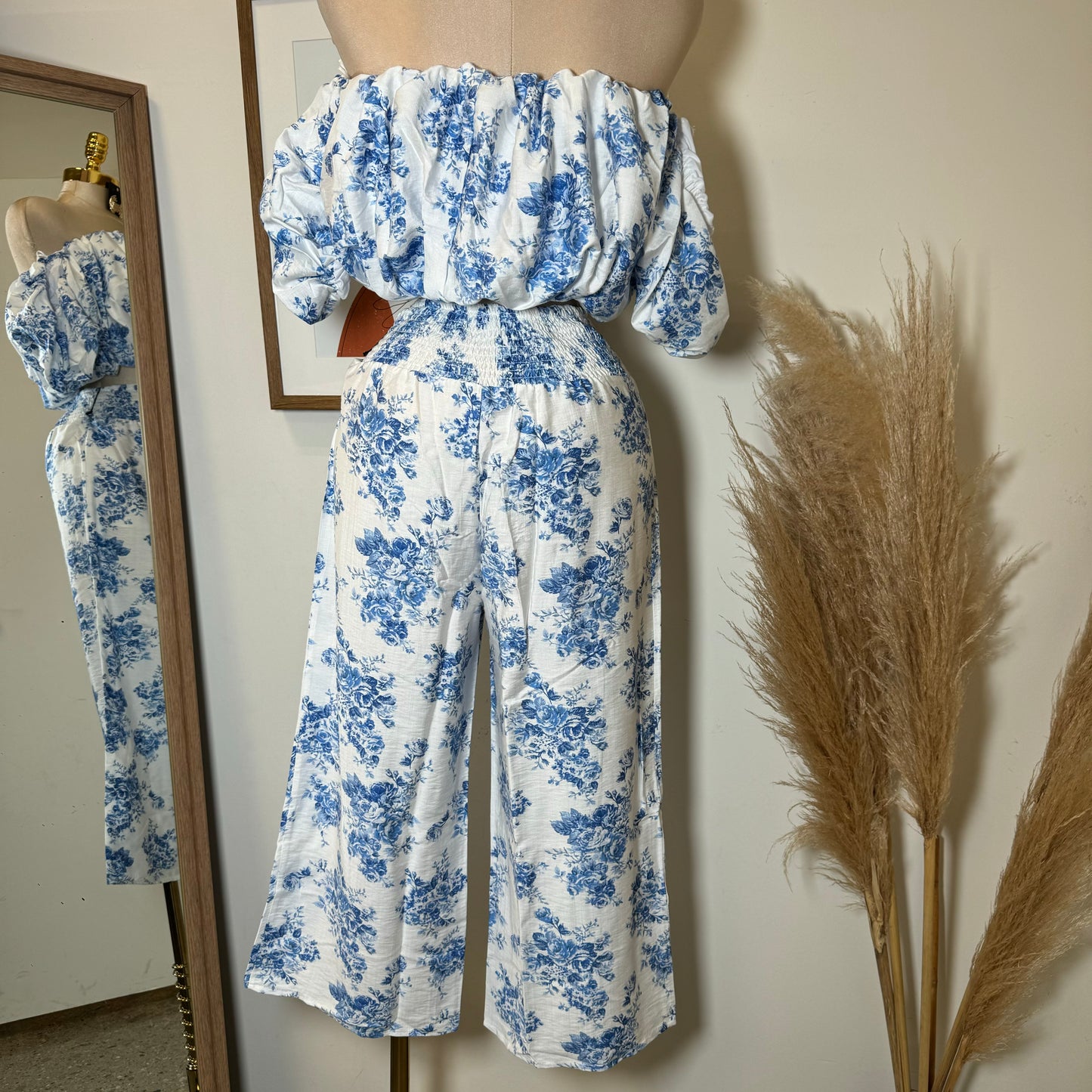 Off Shoulder Floral Top and Pant-Blue/White